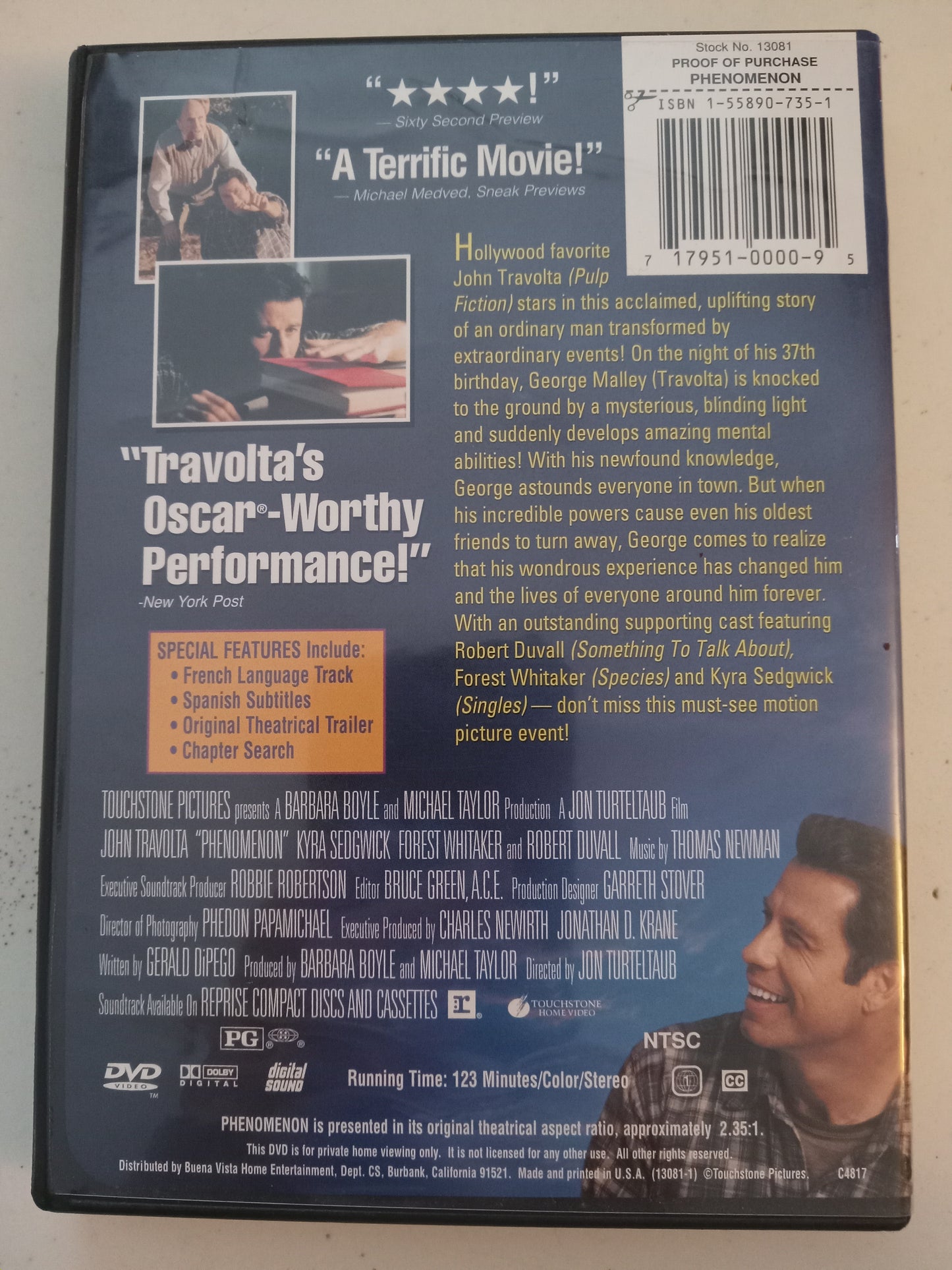 Phenomenon, DVD Movie, John Travolta Widescreen, Rated PG, USED