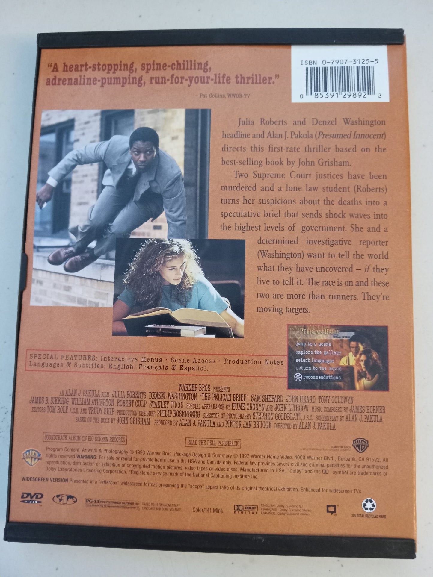 The Pelican Brief, DVD Movie, Julia Roberts Widescreen, Rated PG-13, USED