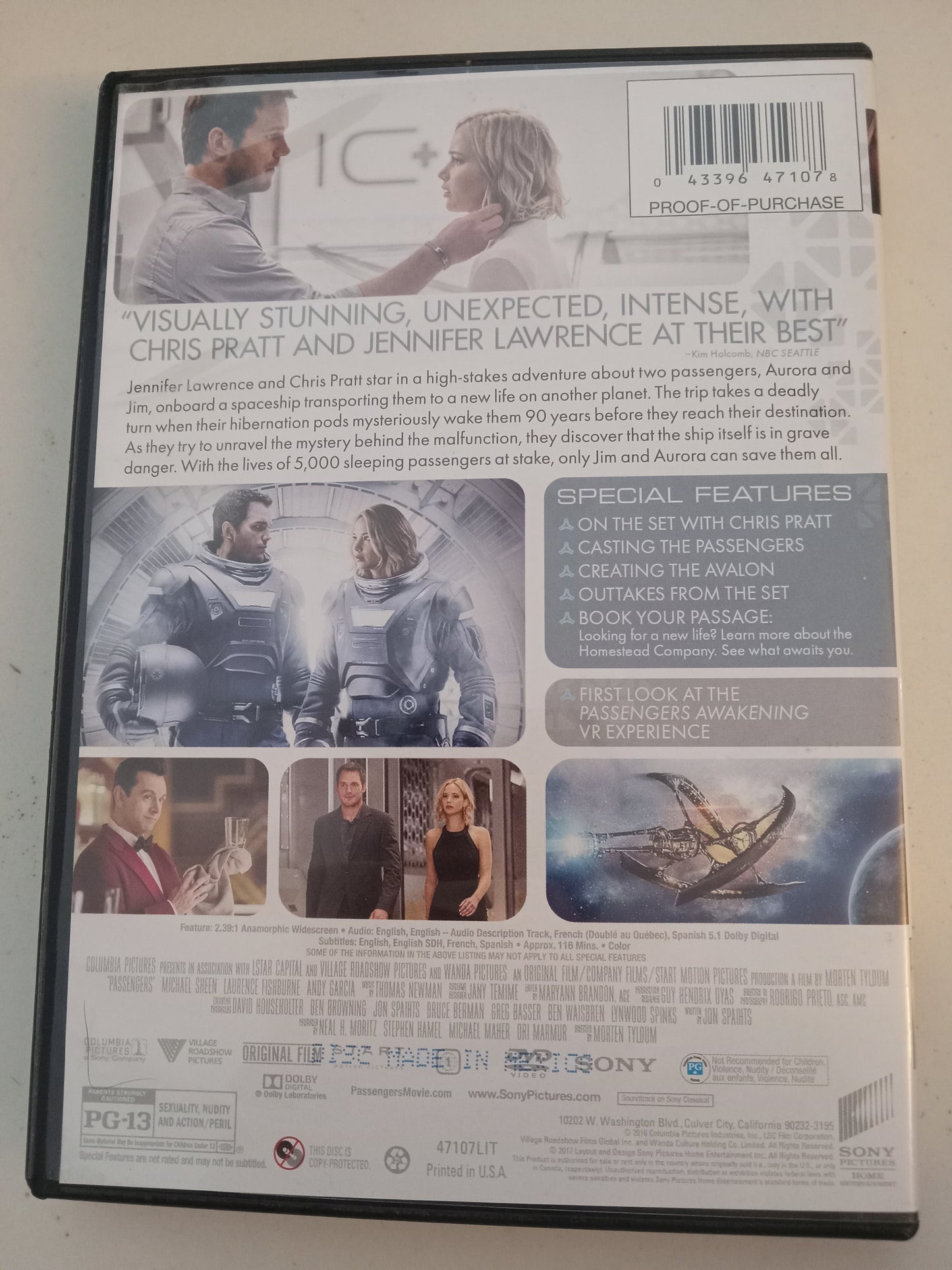Passengers, DVD Movie, Jennifer Lawrence Widescreen, Rated PG-13, USED