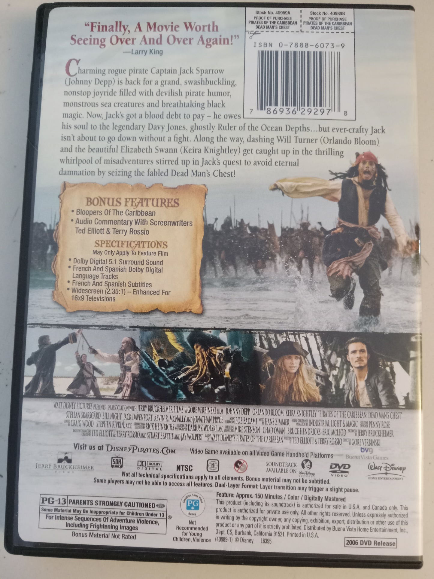 Pirates Of The Caribbean Dead Man's Chest, DVD Movie, Johnny Depp Widescreen, Rated PG-13, USED
