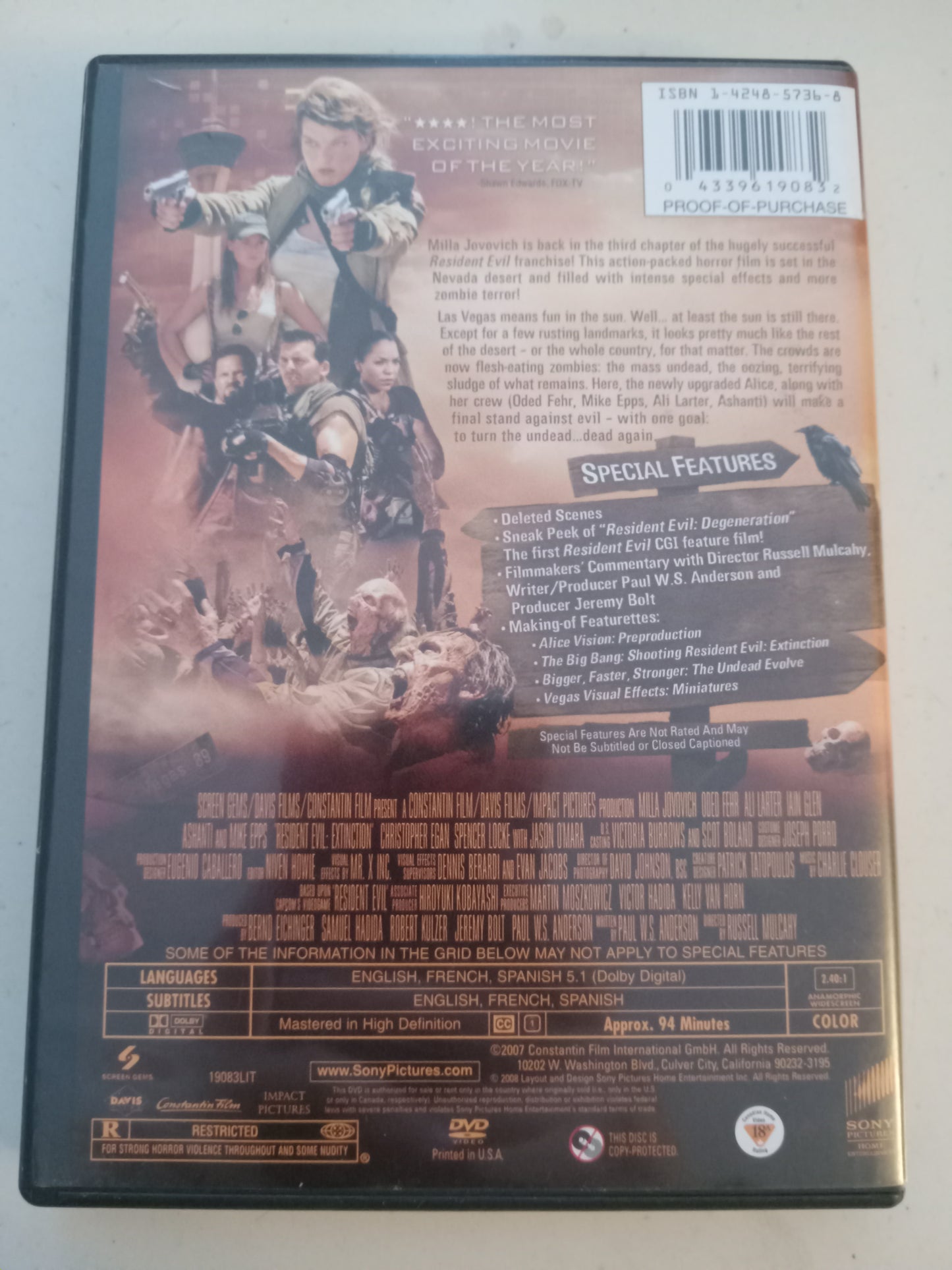 Resident Evil Extinction, Special Edition, DVD Movie, Milla Jovovich Widescreen, Rated R, USED