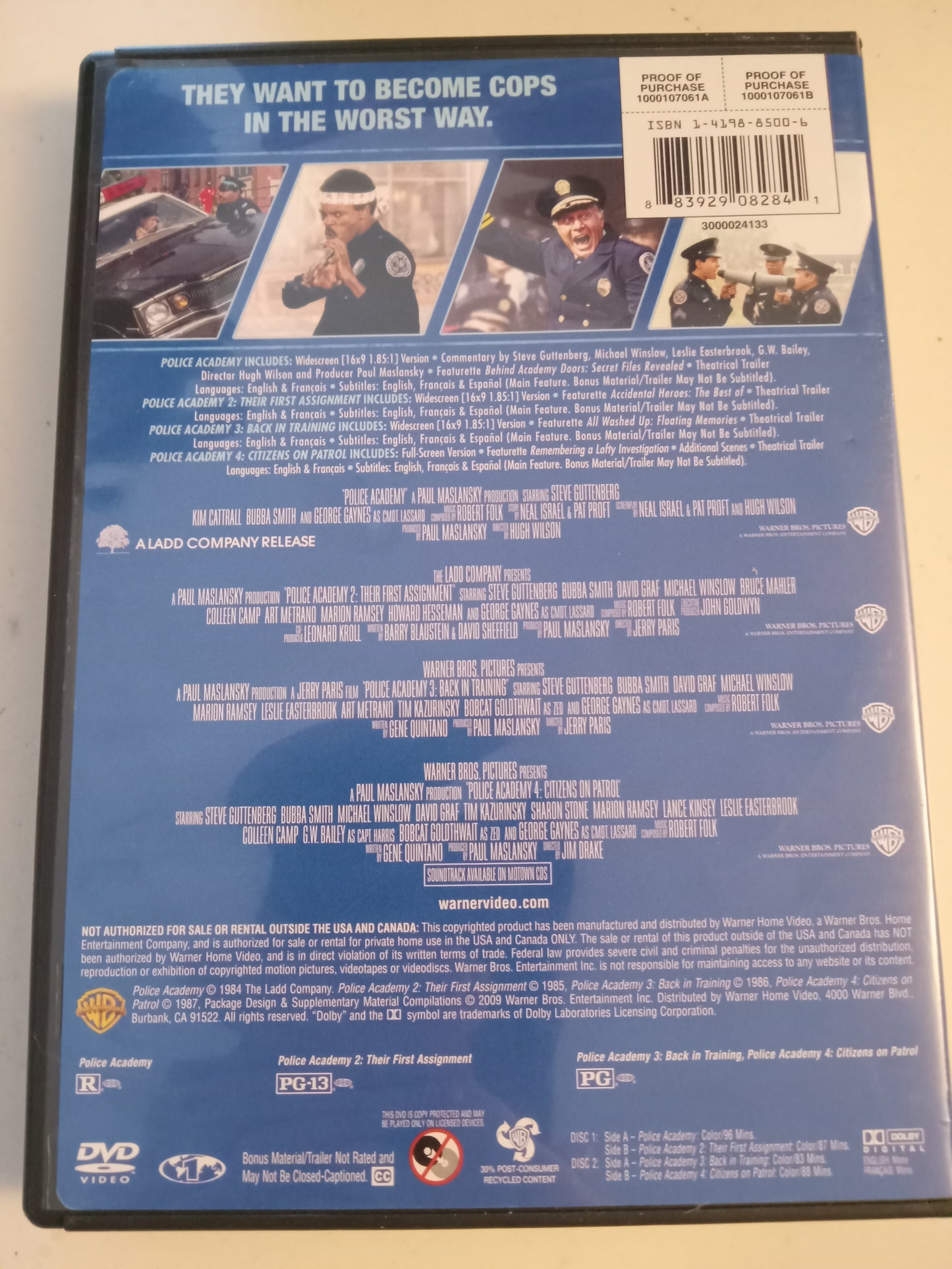 Police Academy 1, 2: Their First Assignment, 3: Back In Training, 4: Citizens On Patrol, 4 DVD Movies, Fullscreen, Widescreen, Rated R/PG/PG-13, USED