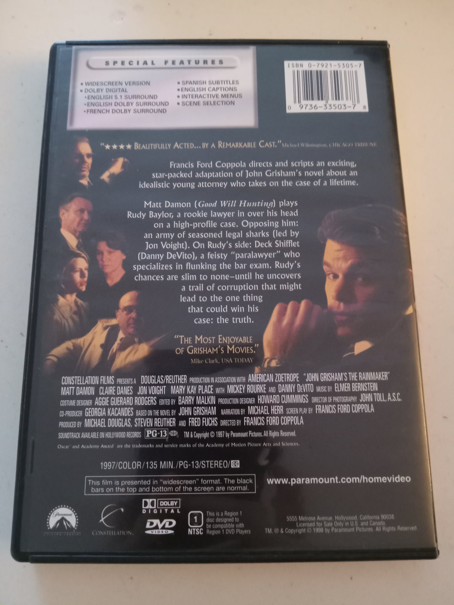 The Rainmaker, DVD Movie, Matt Damon Widescreen, Rated PG-13, USED