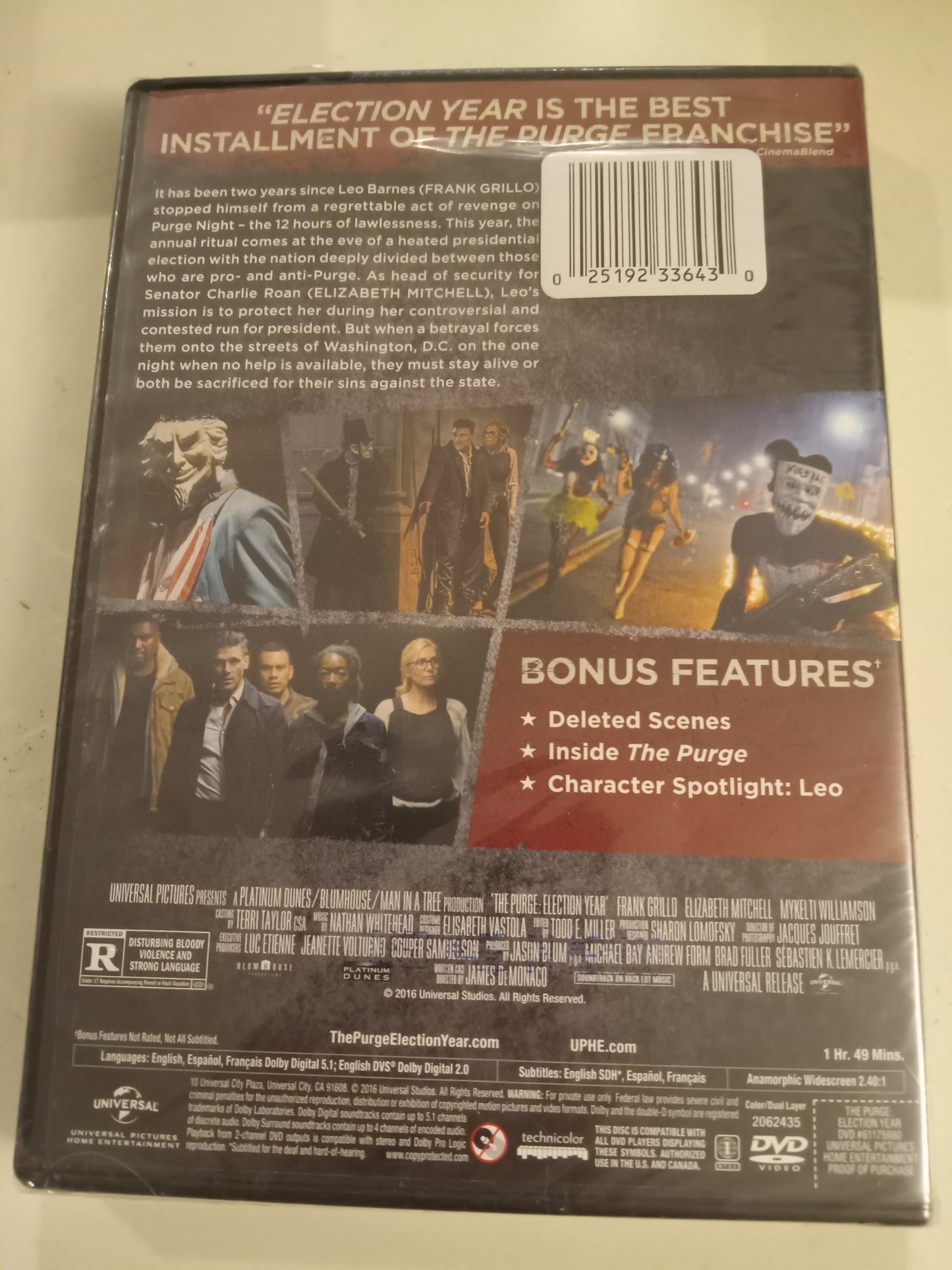 The Purge Election Year, DVD Movie, Frank Grillo Widescreen, Rated R, NEW