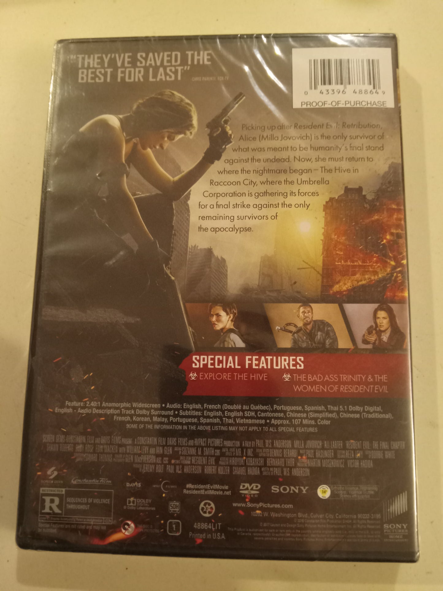 Resident Evil The Final Chapter, DVD Movie, Milla Jovovich Widescreen, Rated R, NEW
