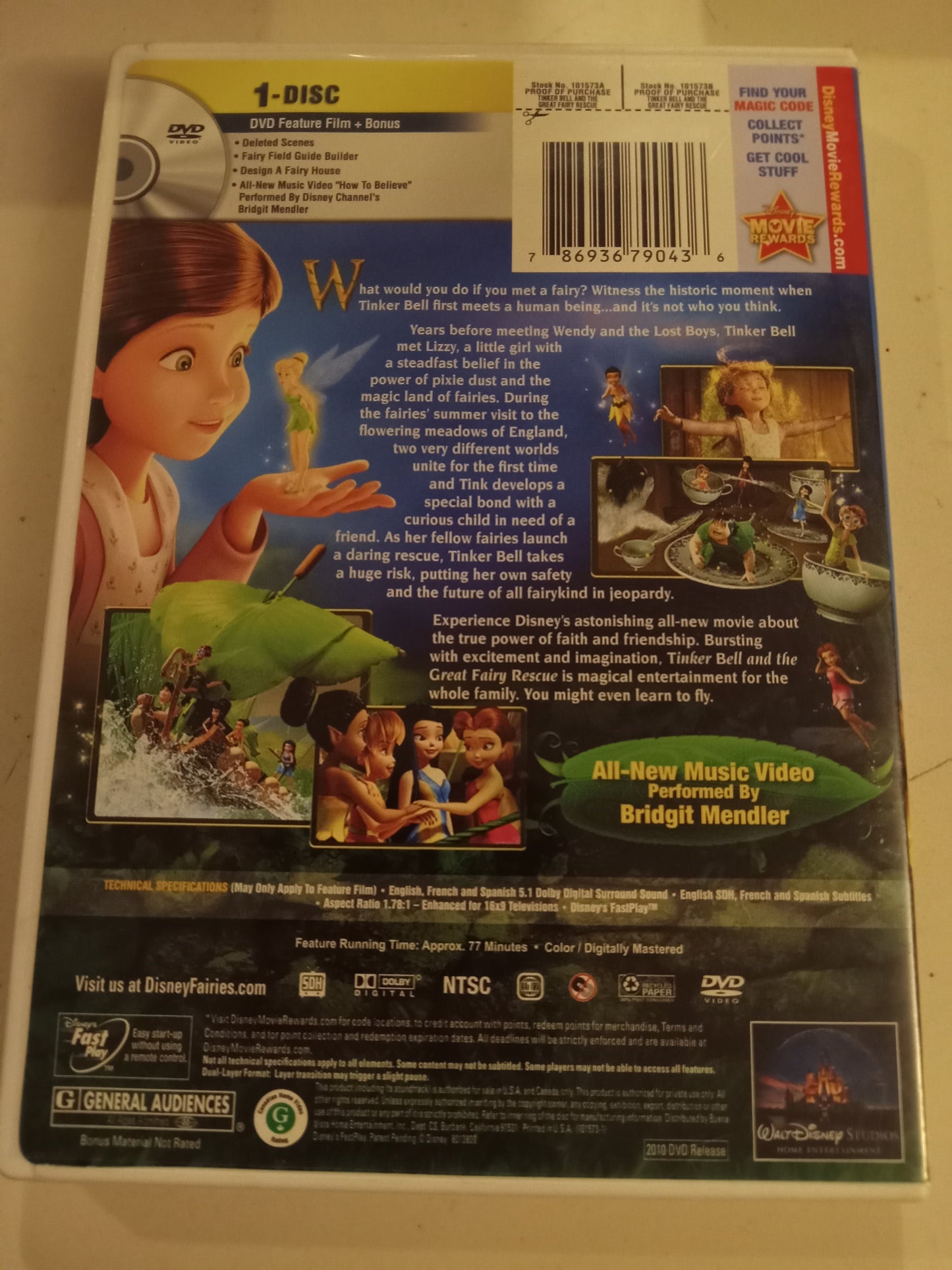 TinkerBell And The Great Fairy Rescue, Disney Animation DVD Movie, Widescreen, Rated G, USED