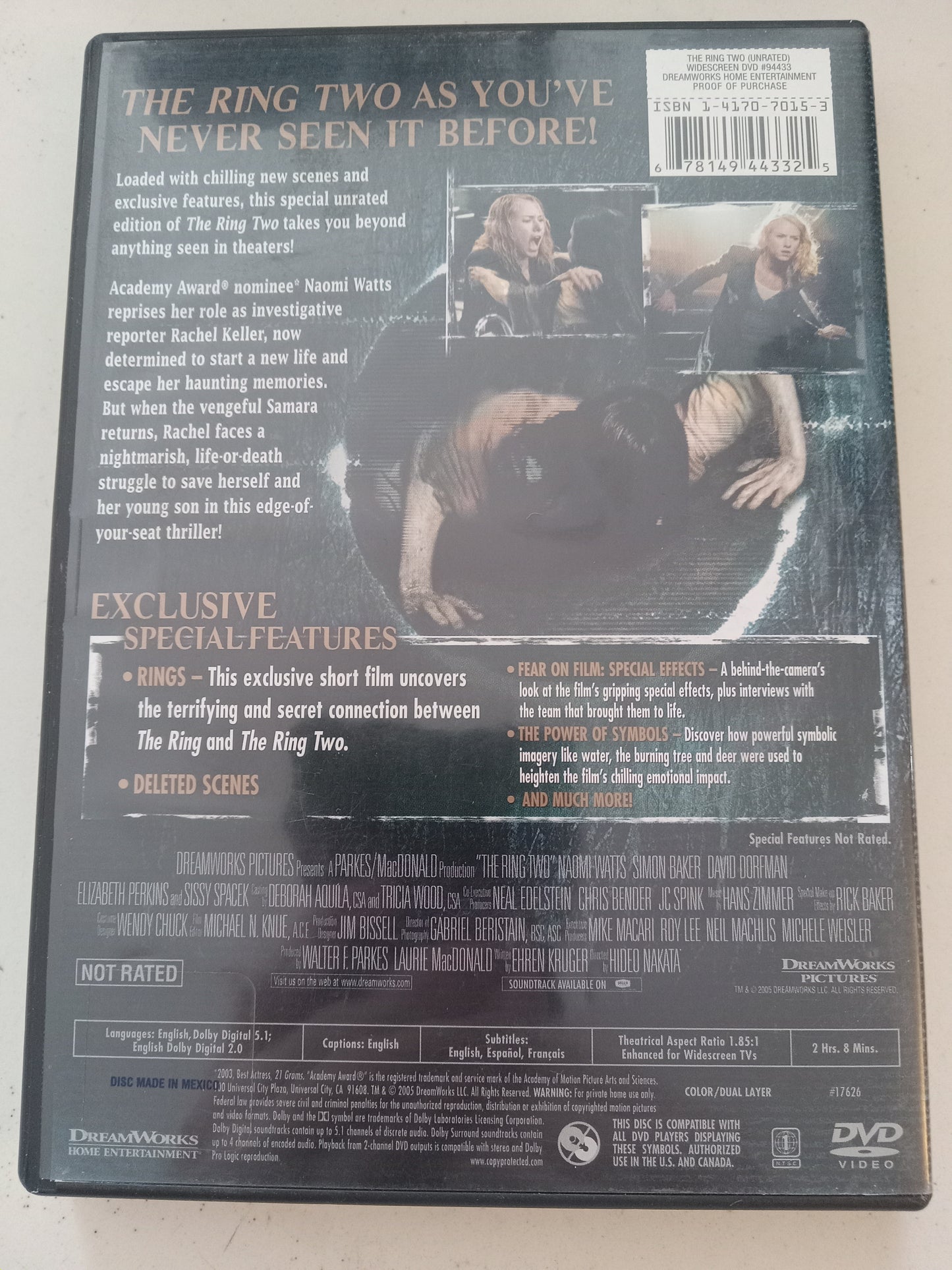 The Ring Two (2), DVD Movie, Naomi Watts Widescreen, Not Rated, USED