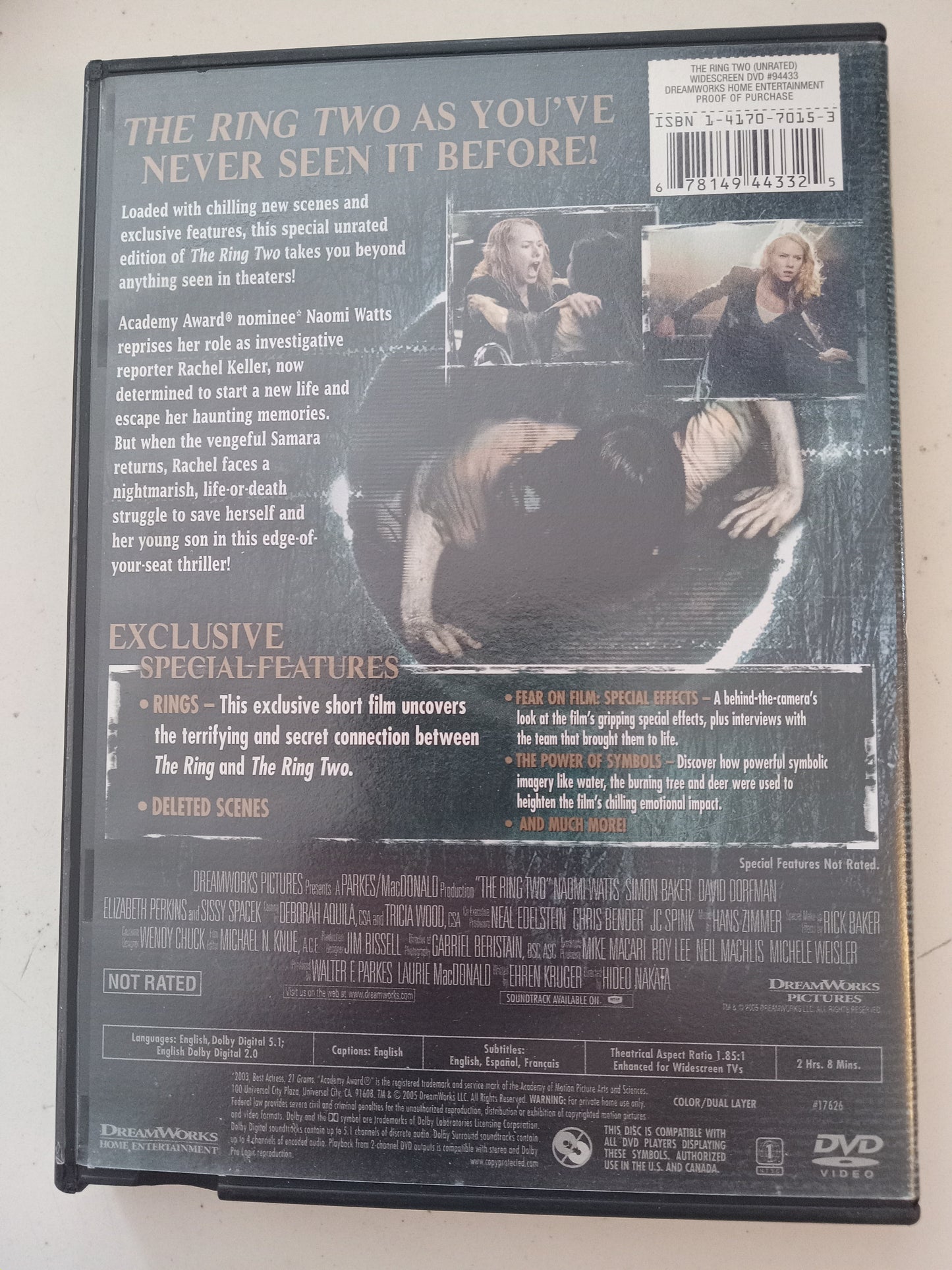 The Ring Two (2), DVD Movie, Naomi Watts Widescreen, Not Rated, USED