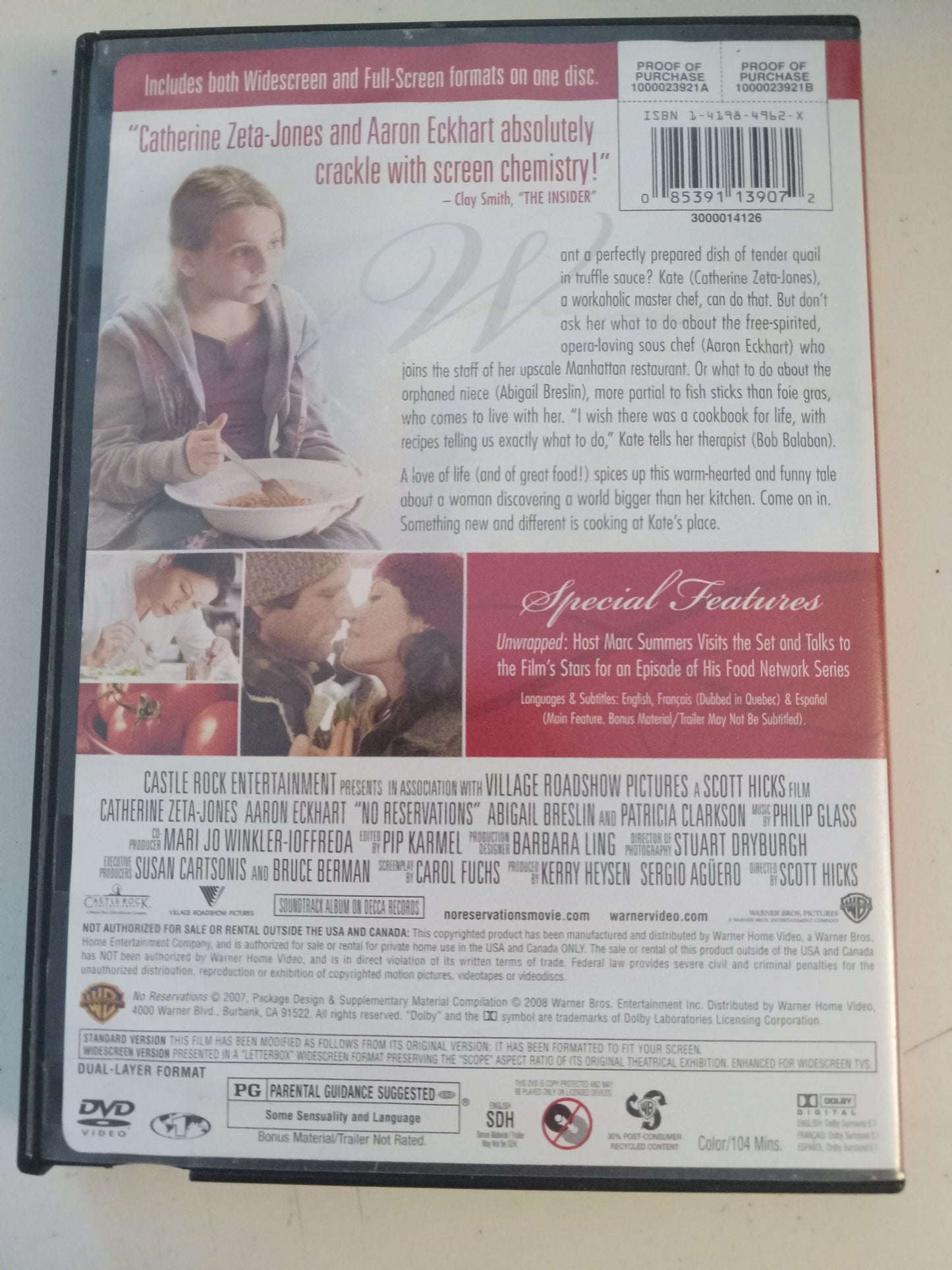No Reservations, DVD Movie, Aaron Eckhart Widescreen, Rated PG, USED