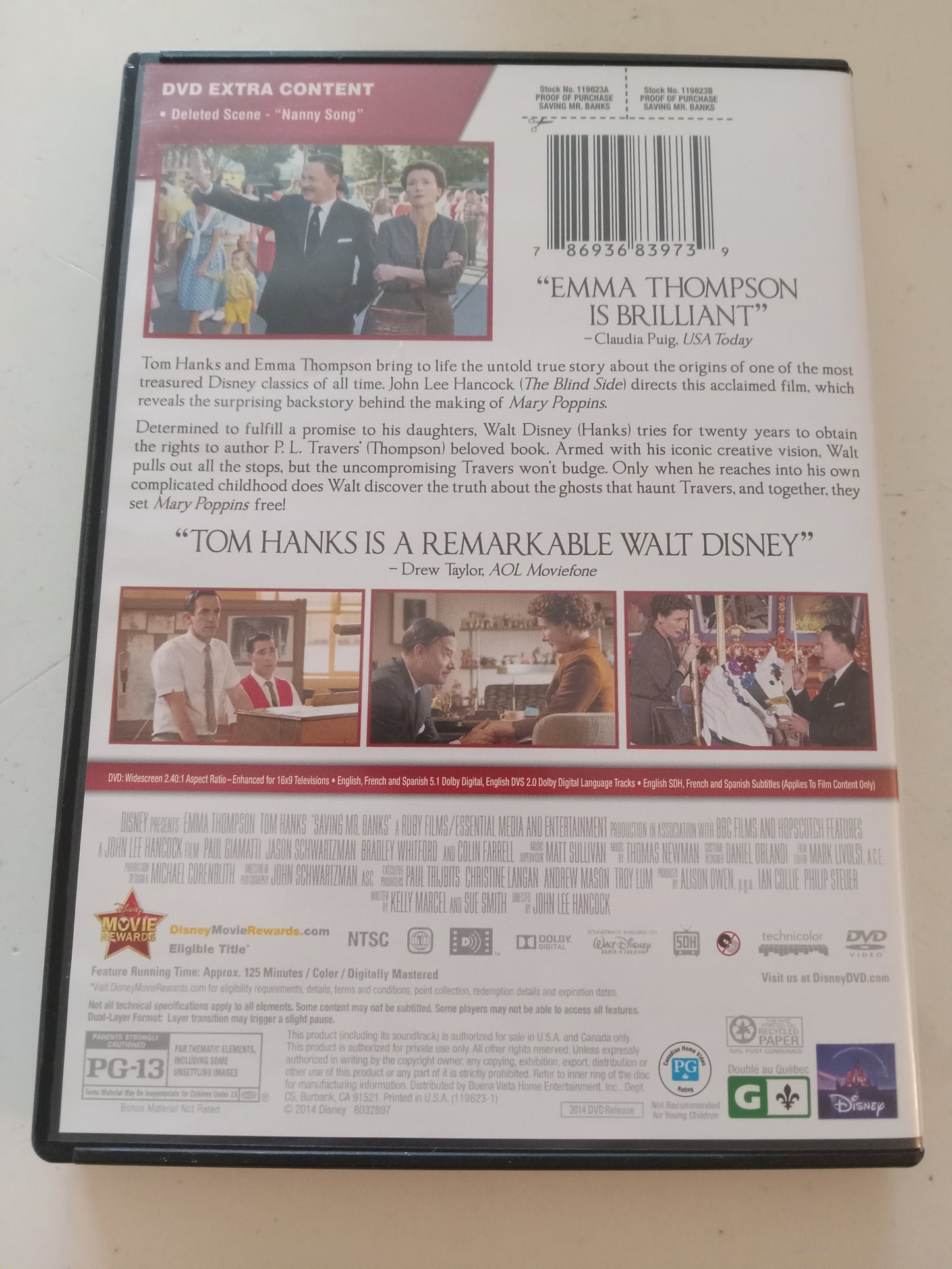 Saving Mr. Banks, DVD Movie, Tom Hanks Widescreen, Rated PG-13, USED