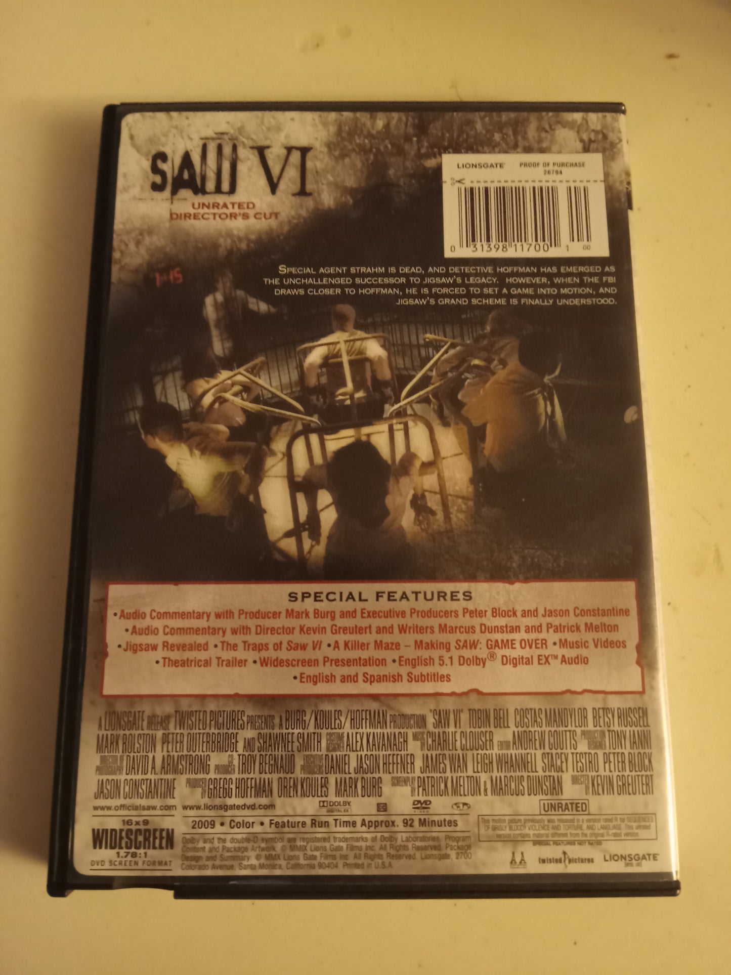 Saw VI (6), Directors Cut, DVD Movie, Tobin Bell Widescreen, Not-Rated, USED