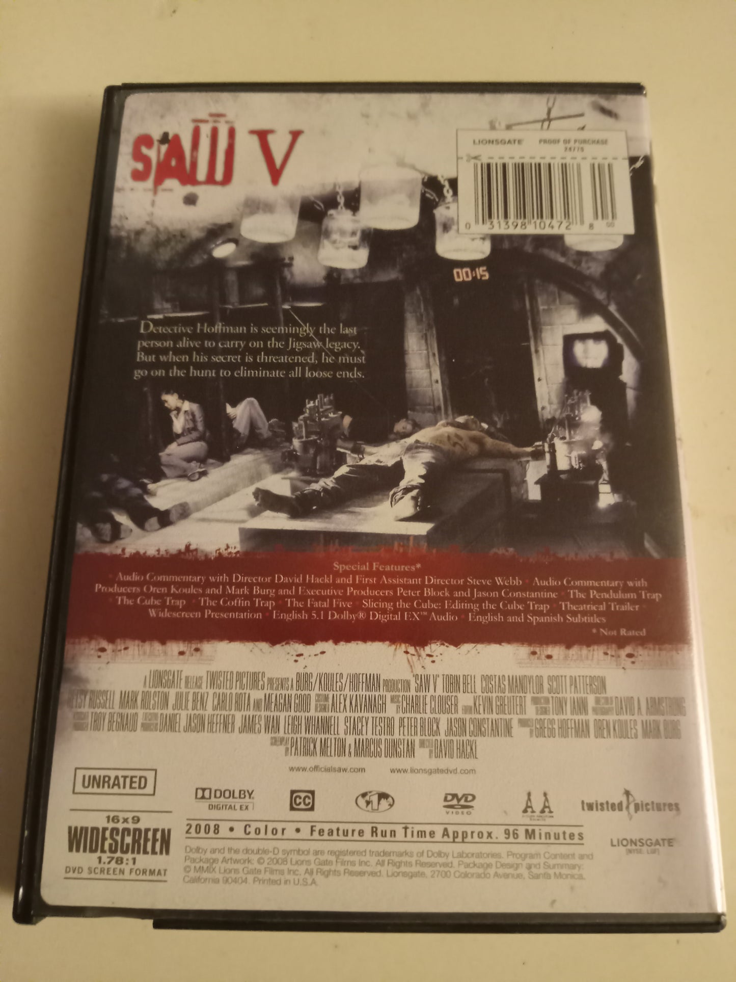 Saw V (5), Directors Cut, DVD Movie, Tobin Bell Widescreen, Not-Rated, USED