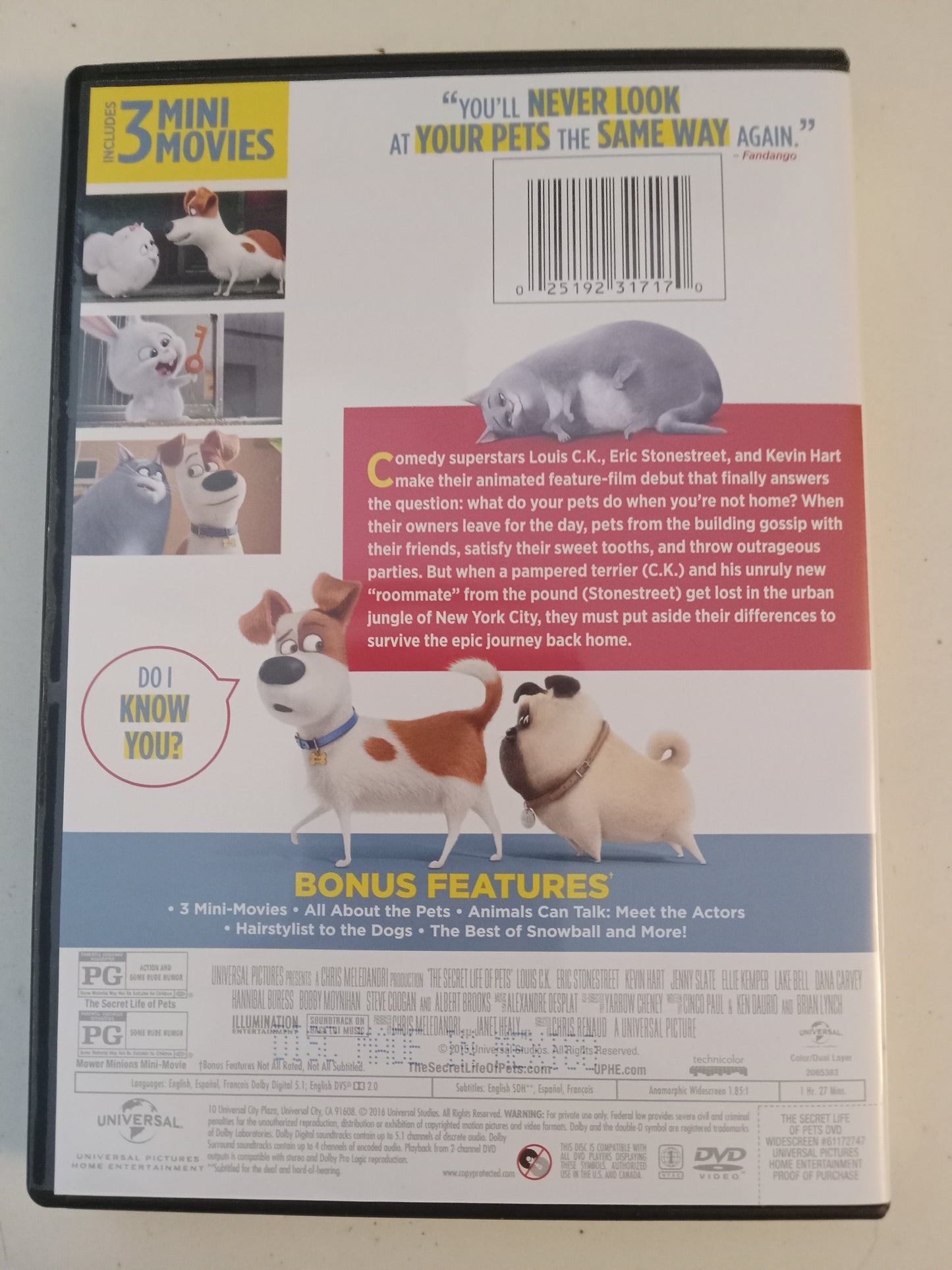 The Secret Life Of Pets, Illumination Animation DVD Movie, Widescreen, Rated PG USED