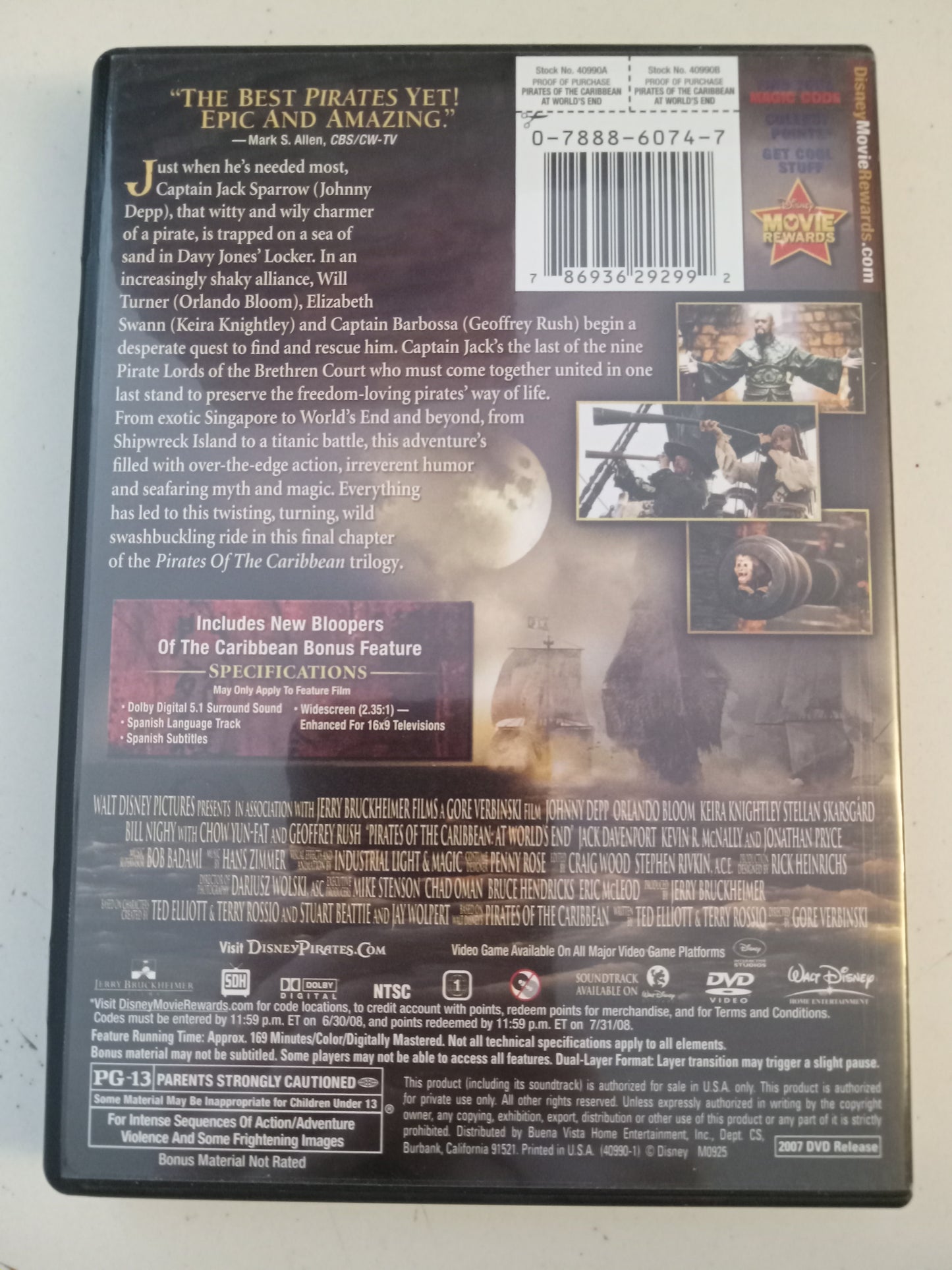 Pirates Of The Caribbean At Worlds End, DVD Movie, Johnny Depp Widescreen, Rated PG-13, USED