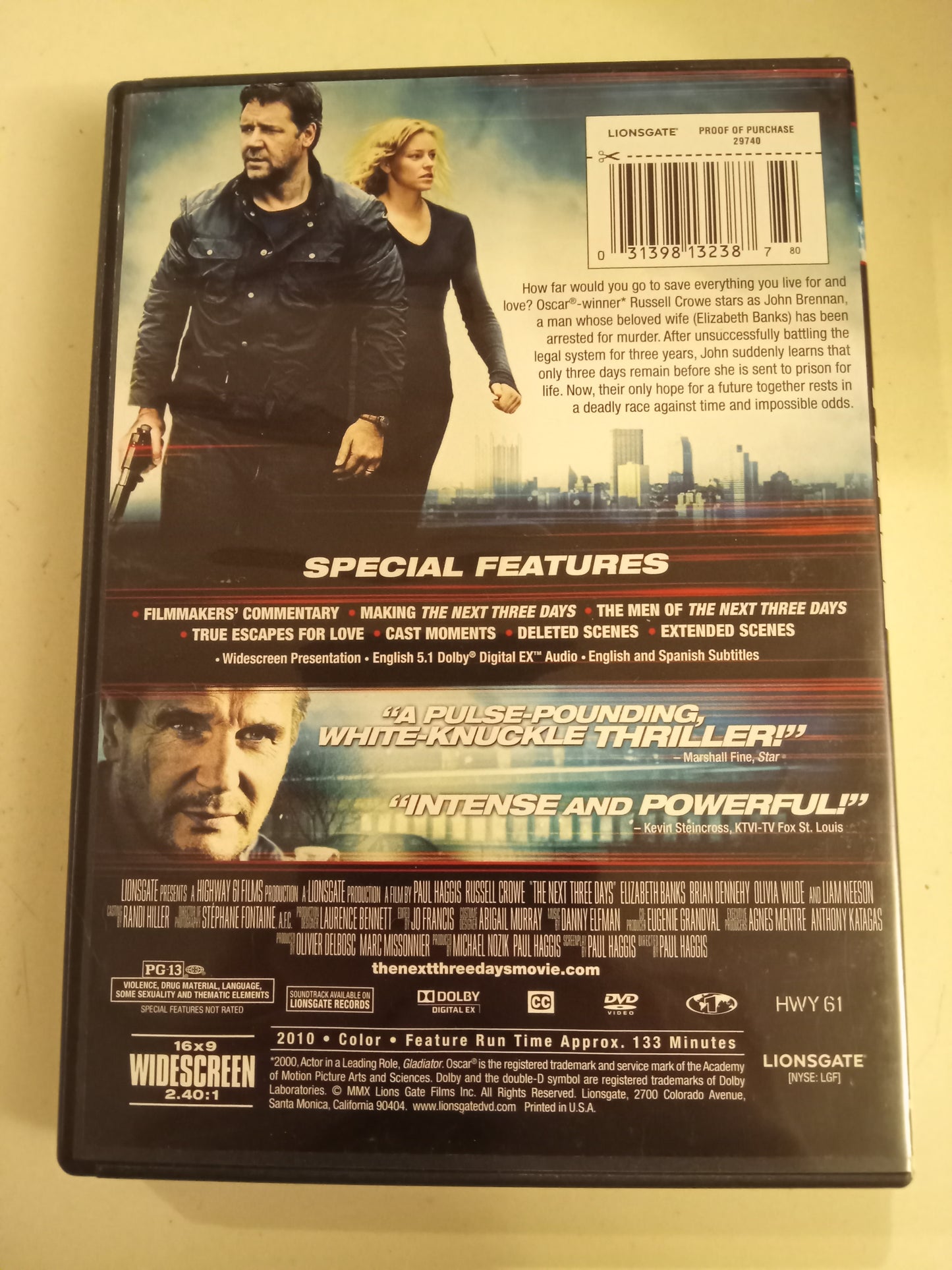 The Next Three Days, DVD Movie, Russell Crowe Widescreen, Rated PG-13, USED