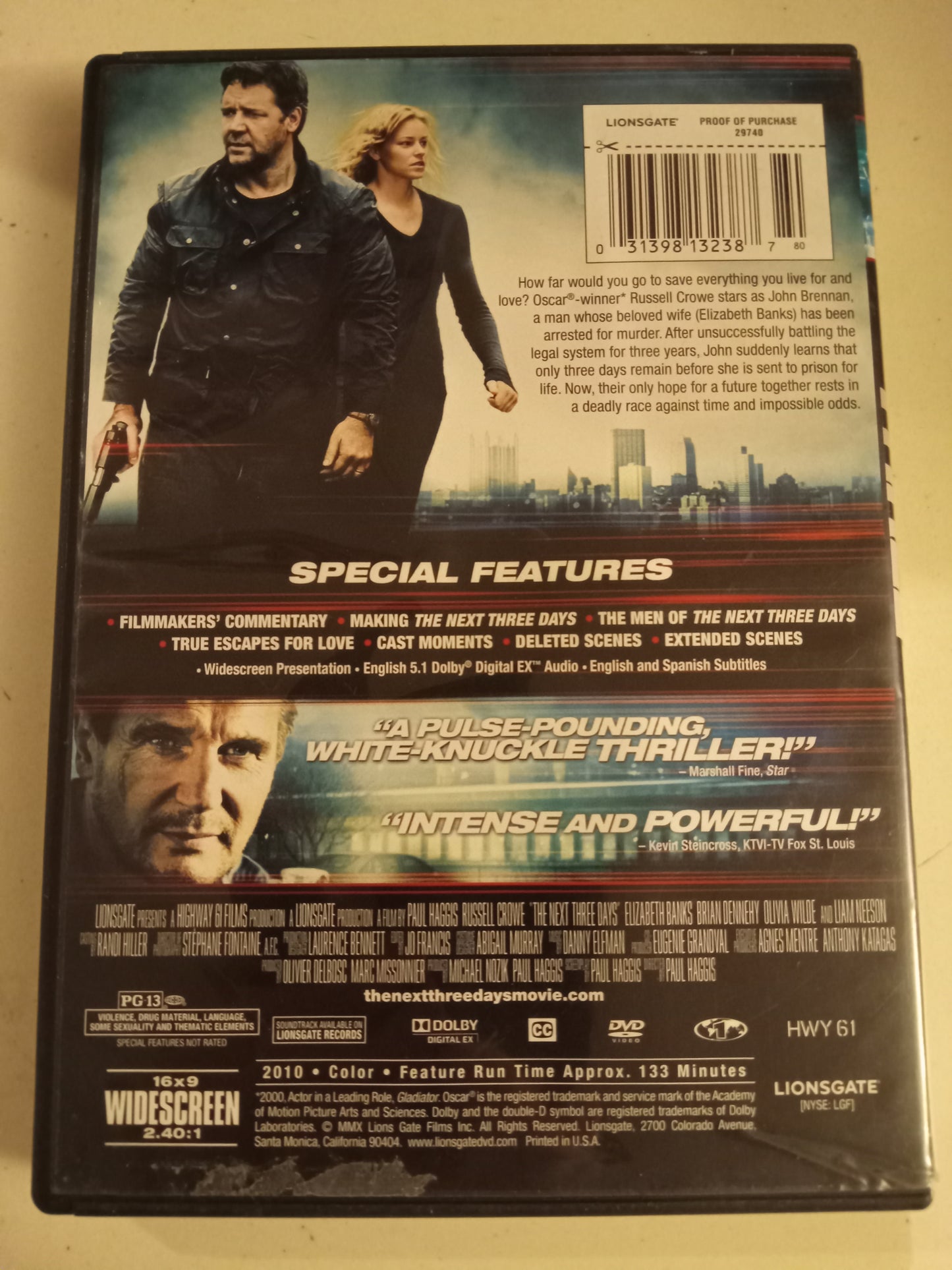 The Next Three Days, DVD Movie, Russell Crowe Widescreen, Rated PG-13, USED