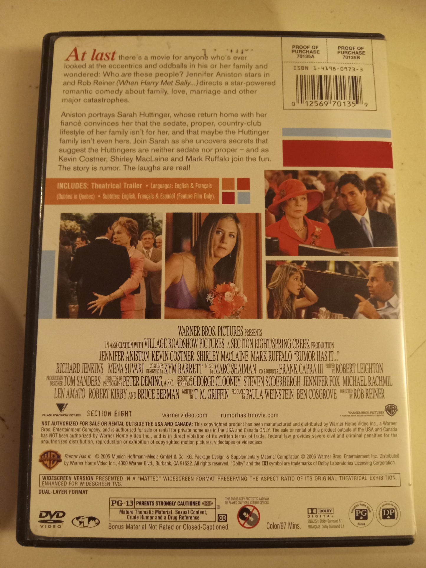 Rumors Has It, DVD Movie, Jennifer Aniston Widescreen, Rated PG-13, USED