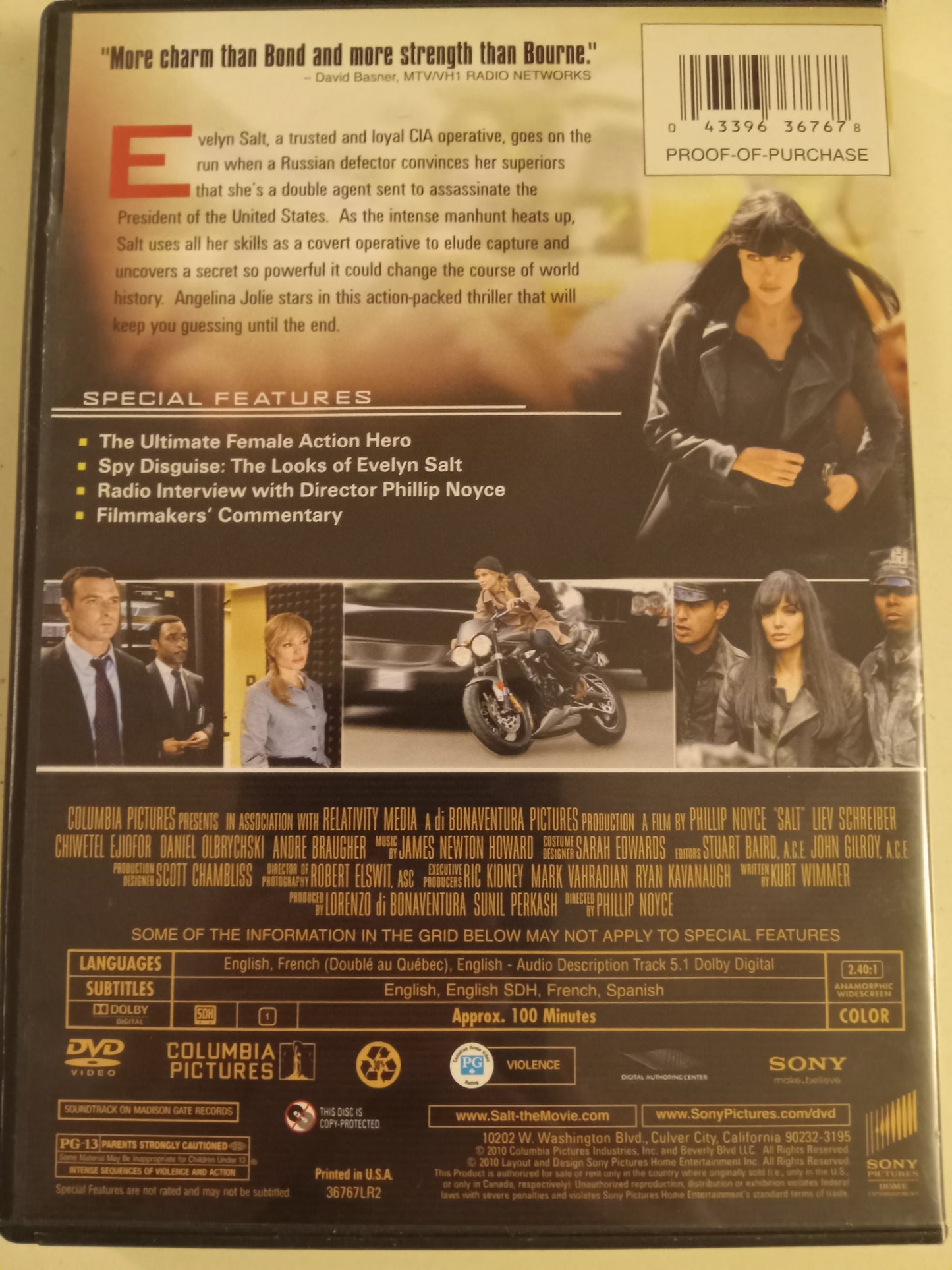 Salt, DVD Movie, Angelina Jolie Widescreen, Theatrical Ed. Rated PG-13, USED