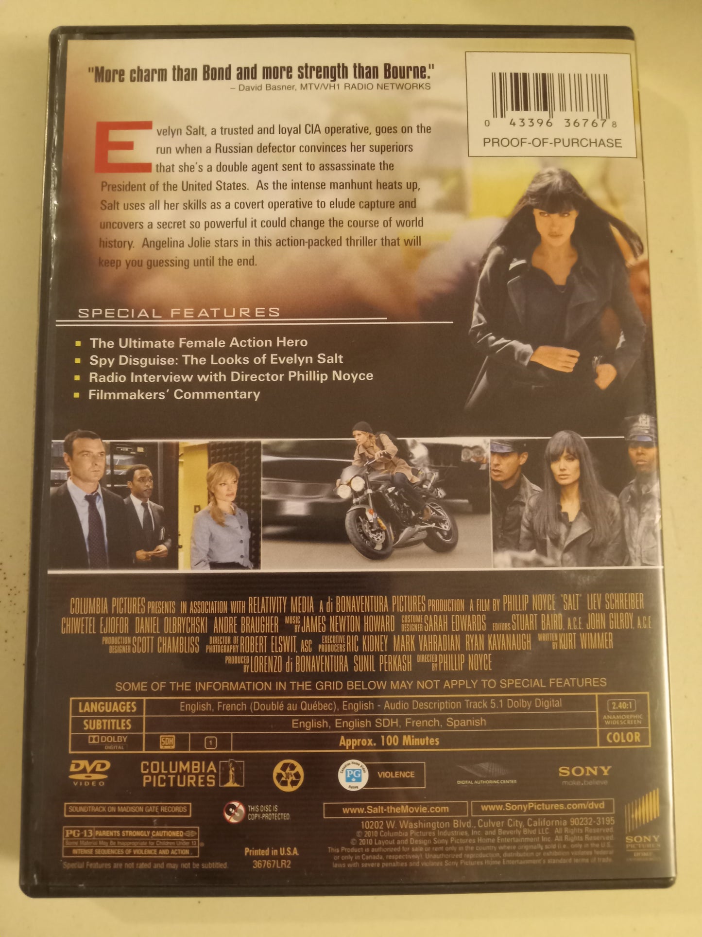 Salt, DVD Movie, Angelina Jolie Widescreen, Theatrical Ed. Rated PG-13, USED
