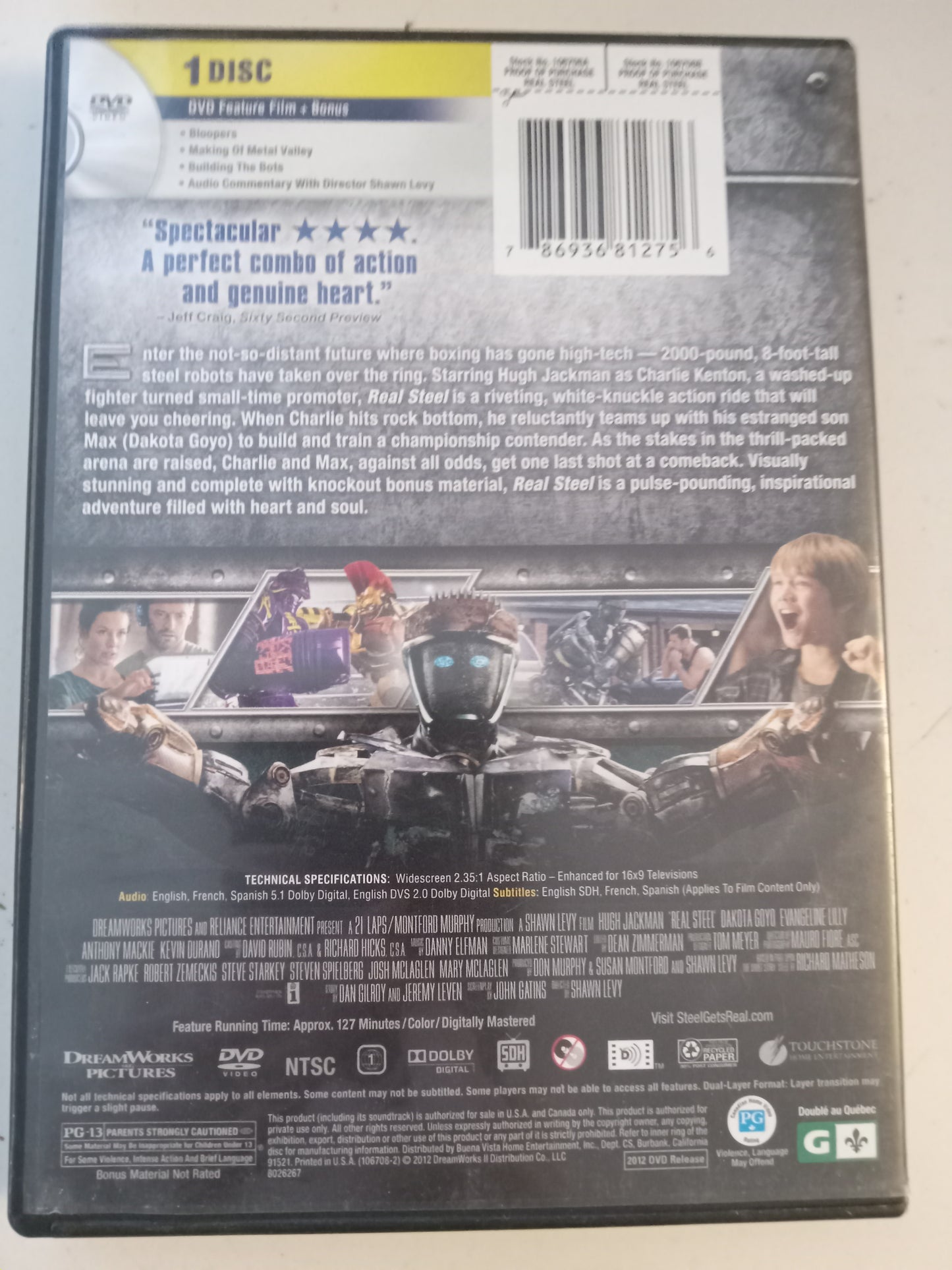Real Steel, DVD Movie, Hugh Jackman Widescreen, Rated PG-13, USED