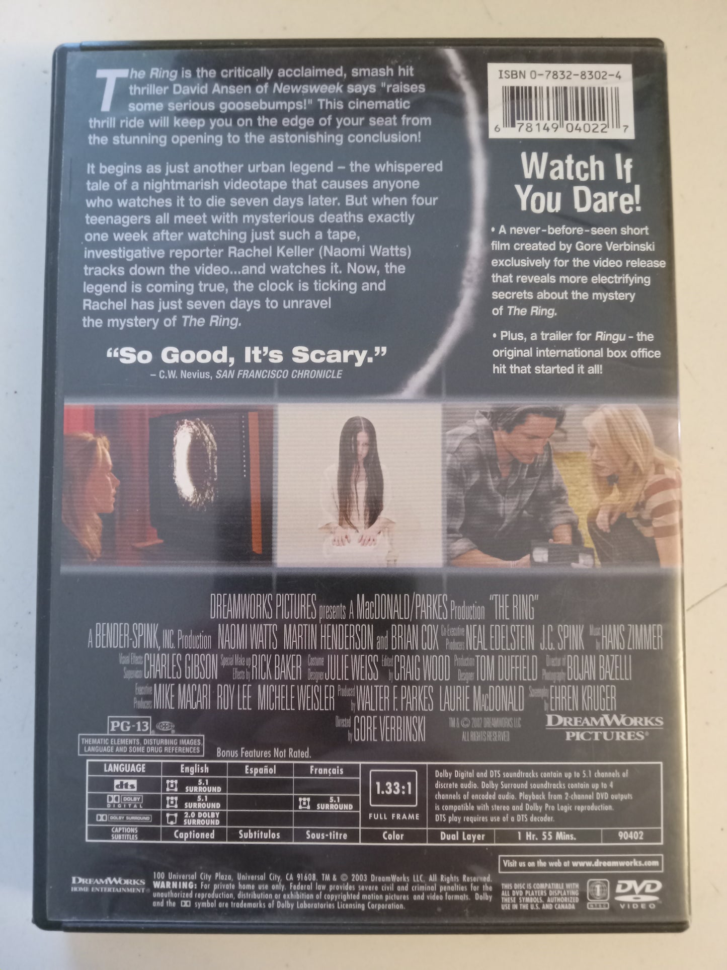 The Ring, DVD Movie, Naomi Watts Fullscreen, Rated PG-13, USED