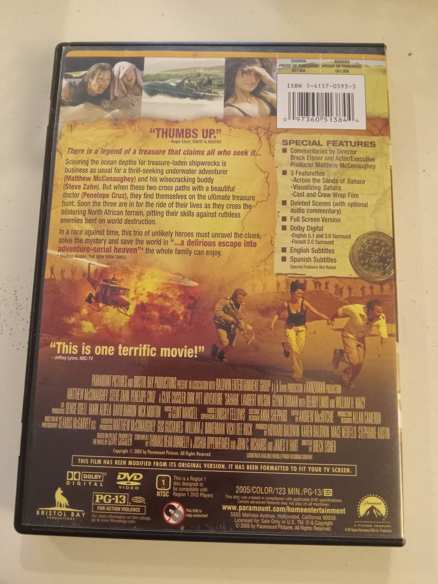 Sahara, DVD Movie, Matthew McConaughey Fullscreen, Rated PG-13, USED