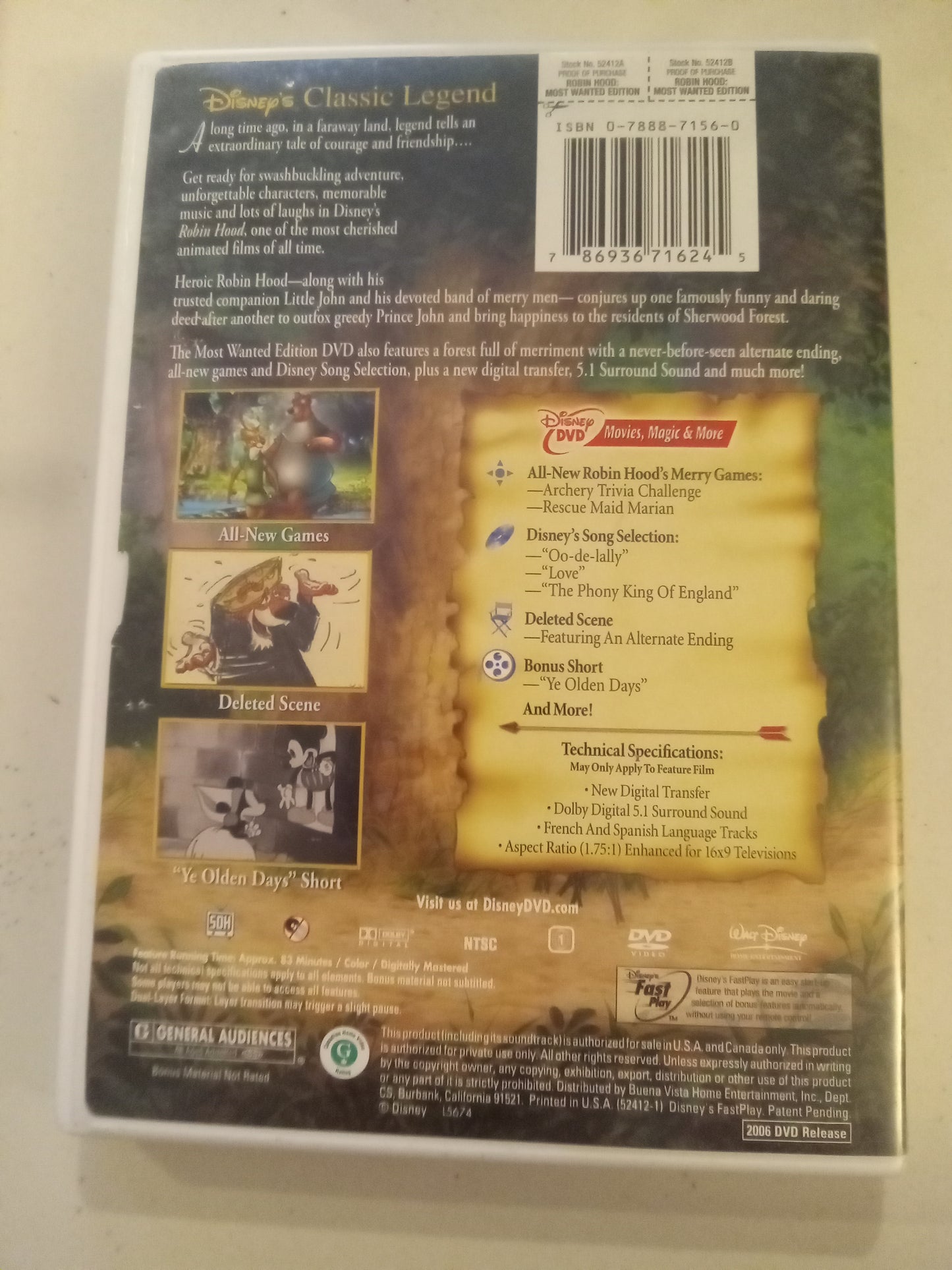 Robin Hood, Disney Animation DVD Movie, Widescreen, Rated G, USED