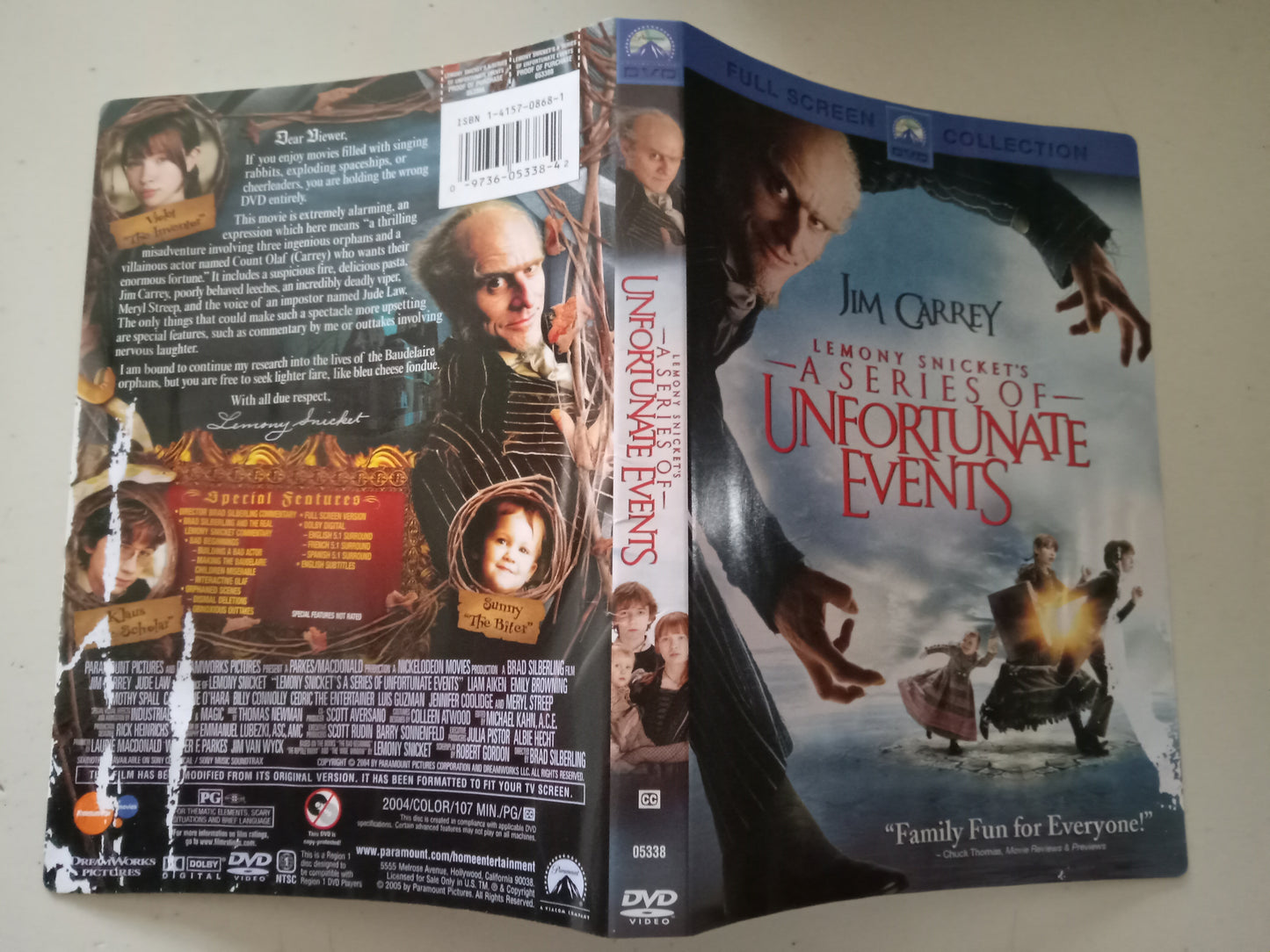 Lemony Snicket's A Series Of Unfortunate Events, DVD Movie, Jim Carrey Fullscreen, Rated PG, USED