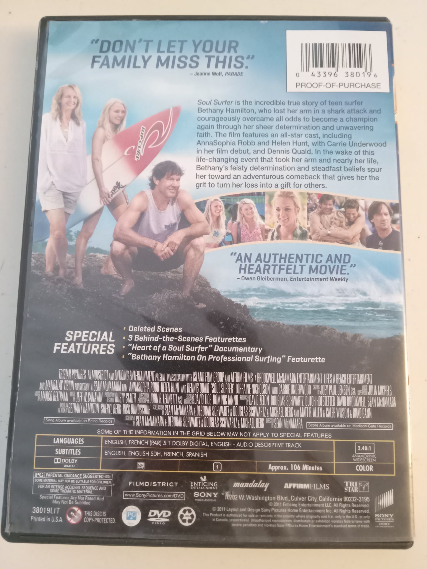 Soul Surfer, DVD Movie, Helen Hunt Widescreen, Rated PG, USED