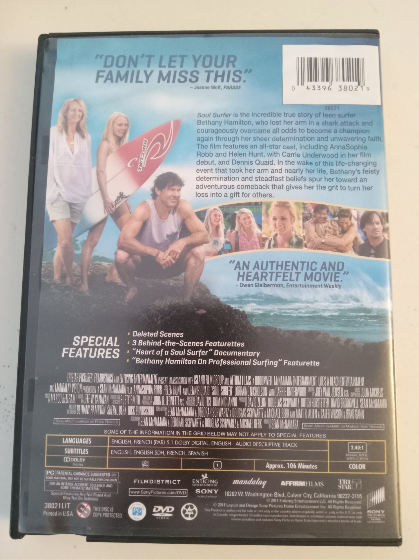 Soul Surfer, DVD Movie, Helen Hunt Widescreen, Rated PG, USED