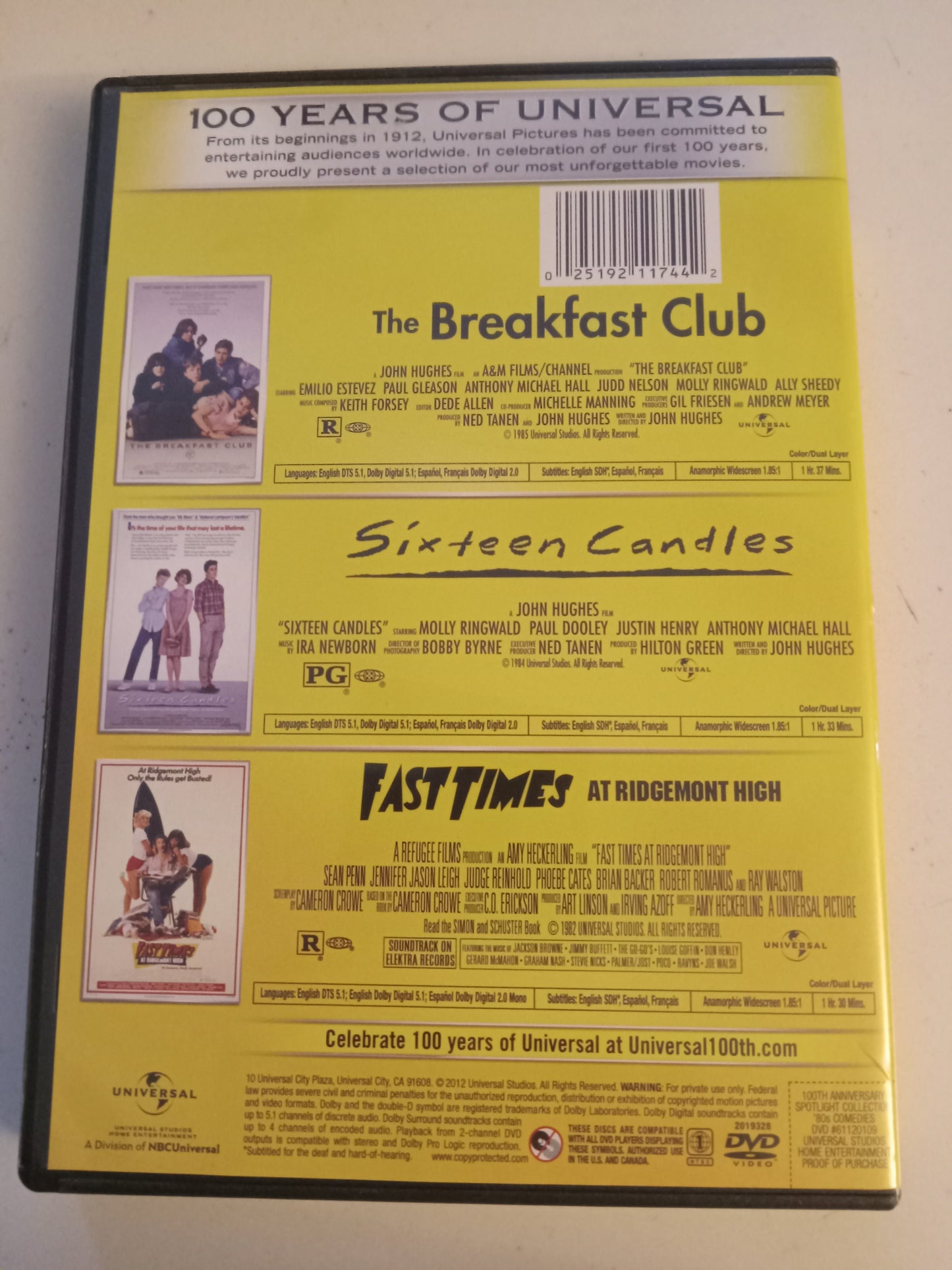 The Breakfast Club, Sixteen Candles, Fast Times At Ridgemont High, 3 DVD Movies, Widescreen, Rated PG/R, USED
