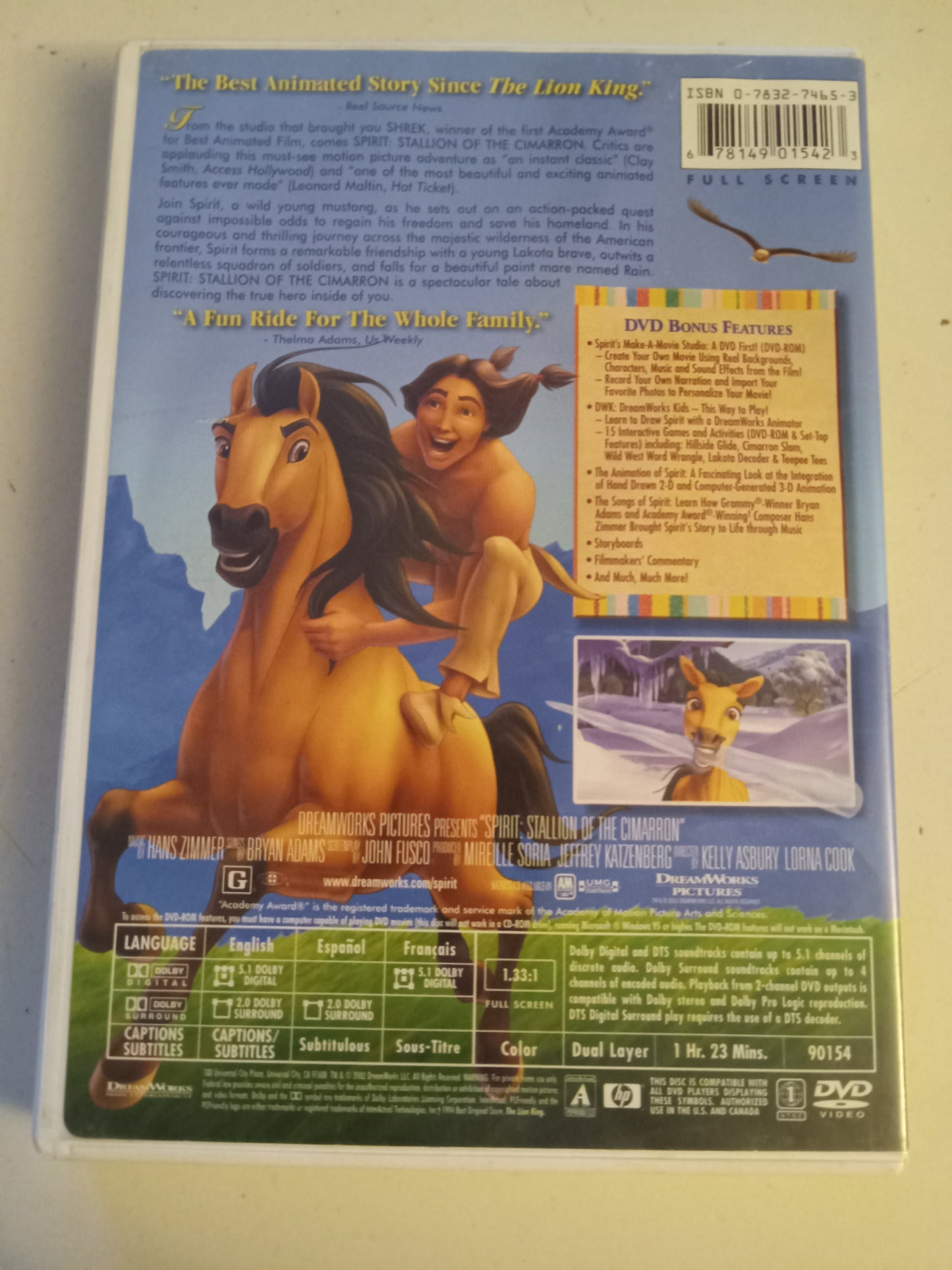 Spirit, Stallion Of The Cimarron, DreamWorks Animation DVD Movie, Fullscreen/Widescreen, Rated G, USED