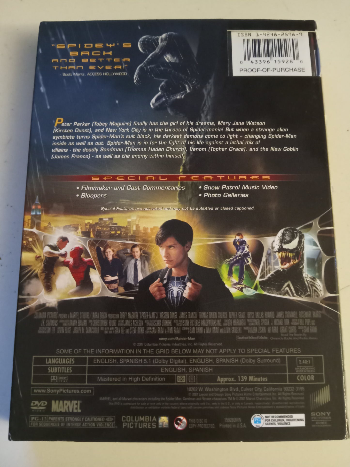 Spider-Man 3, DVD Movie, Tobey Maguire Widescreen, Rated PG-13, USED