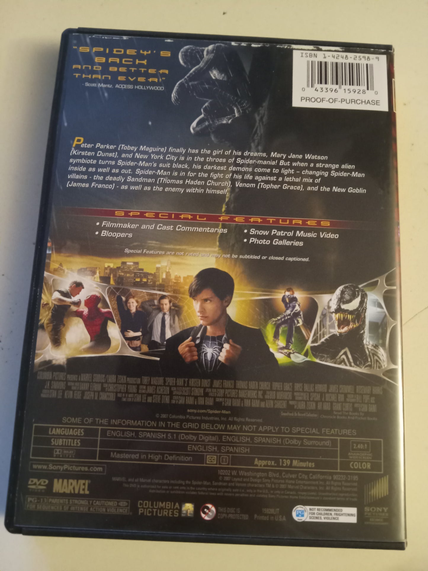 Spider-Man 3, DVD Movie, Tobey Maguire Widescreen, Rated PG-13, USED