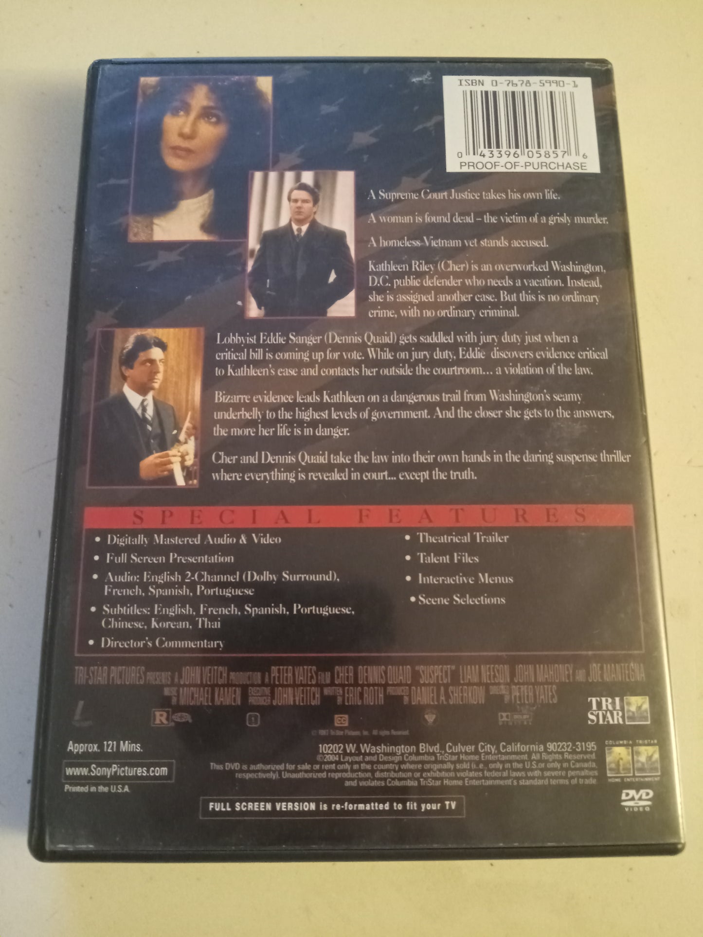 Suspect, DVD Movie, Cher, Dennis Quaid Fullscreen, Rated R, USED