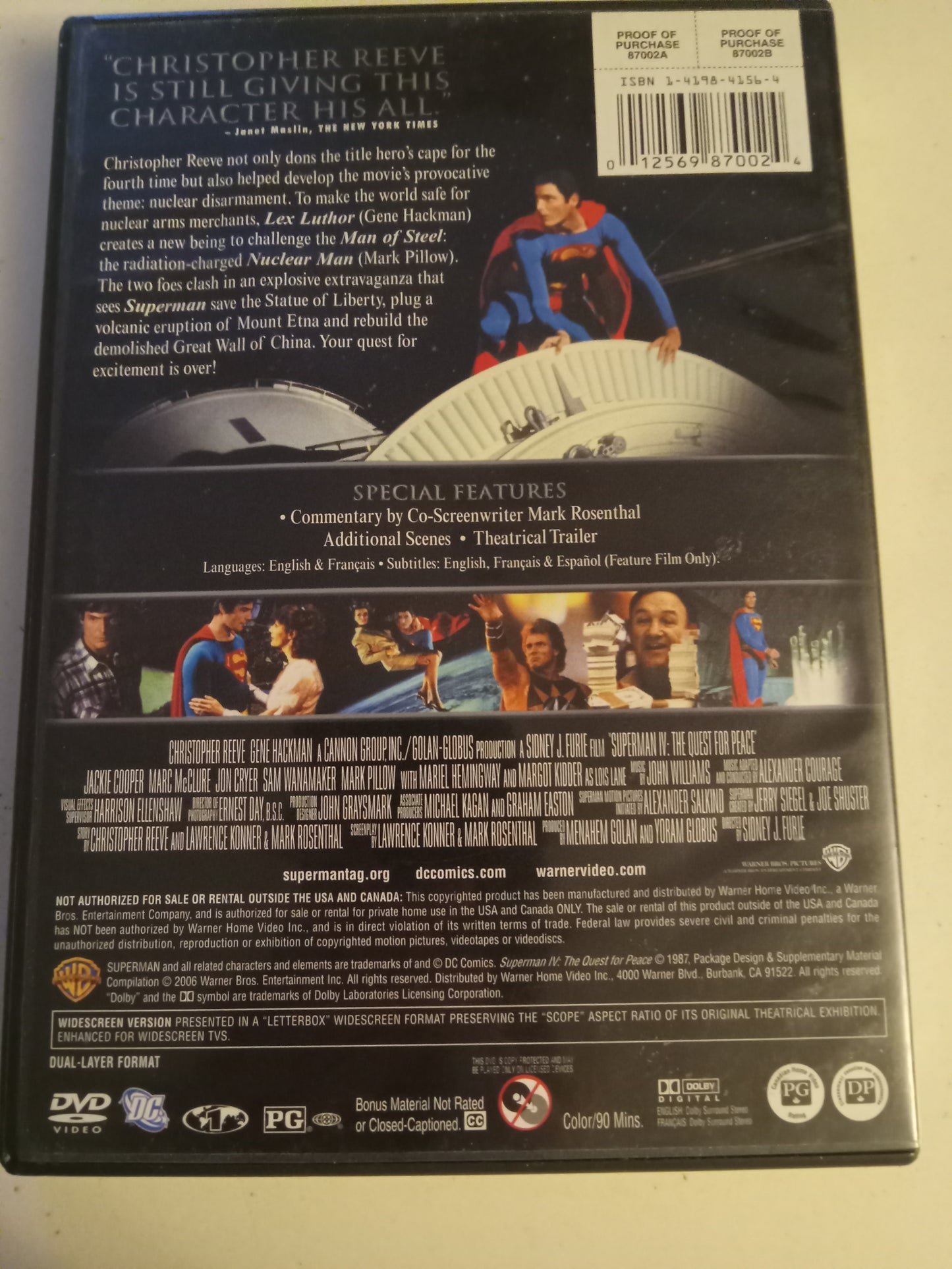 Superman IV 4, The Quest For Peace, DVD Movie, Christopher Reeve Widescreen, Rated PG, USED