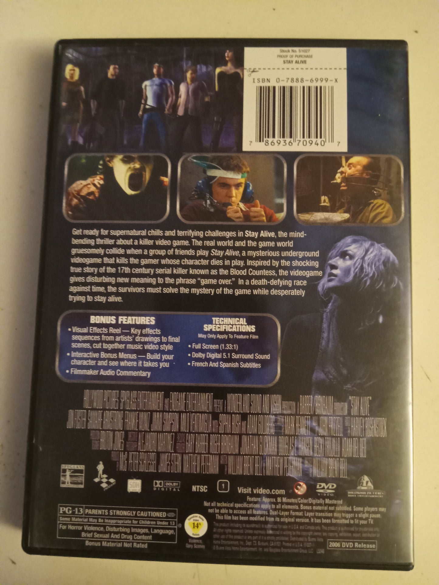Stay Alive, DVD Movie, Jon Foster Fullscreen, Rated PG-13, USED