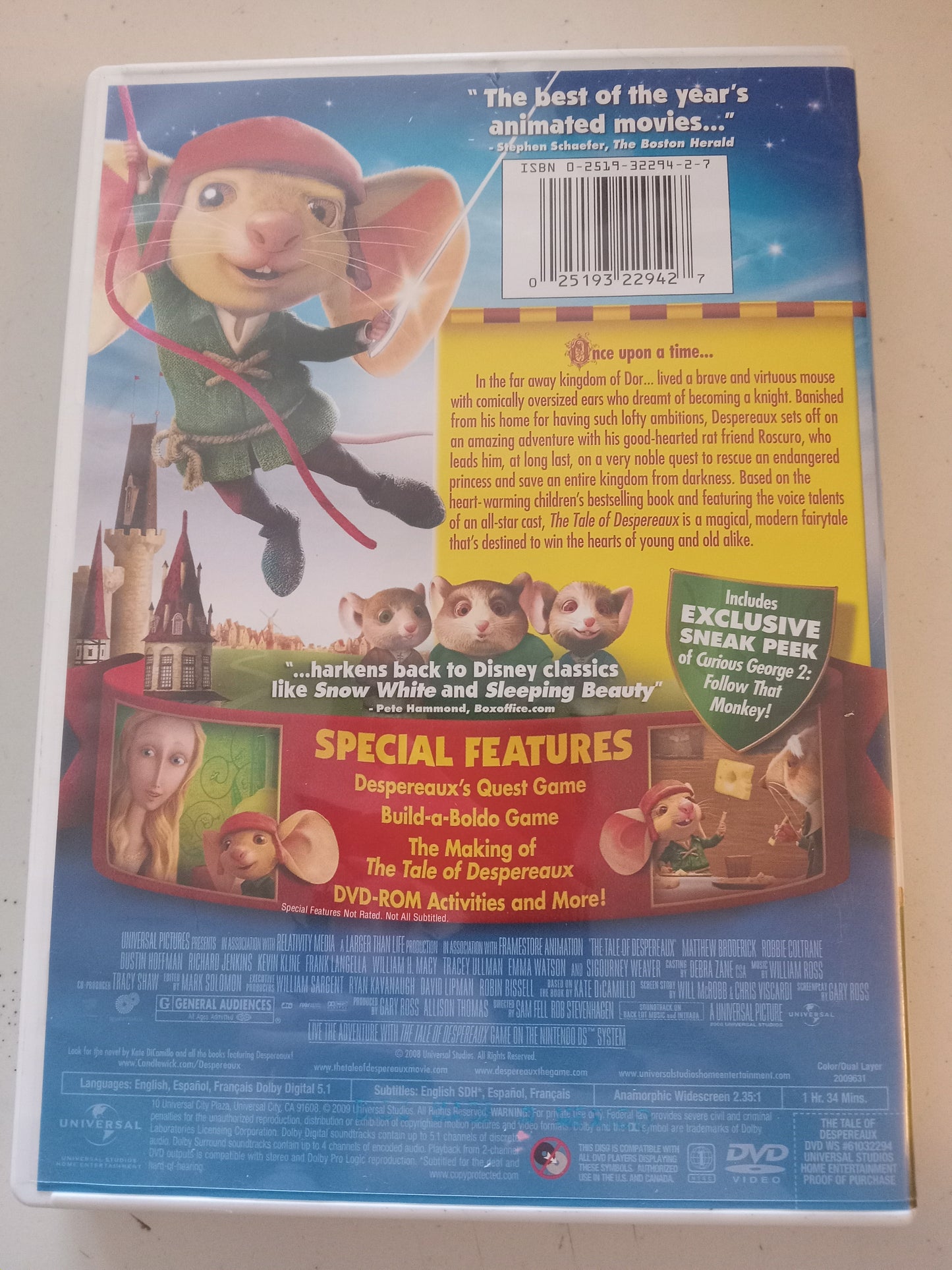 The Tale Of Despereaux, Universal Animation DVD Movie, Widescreen, Rated G, USED