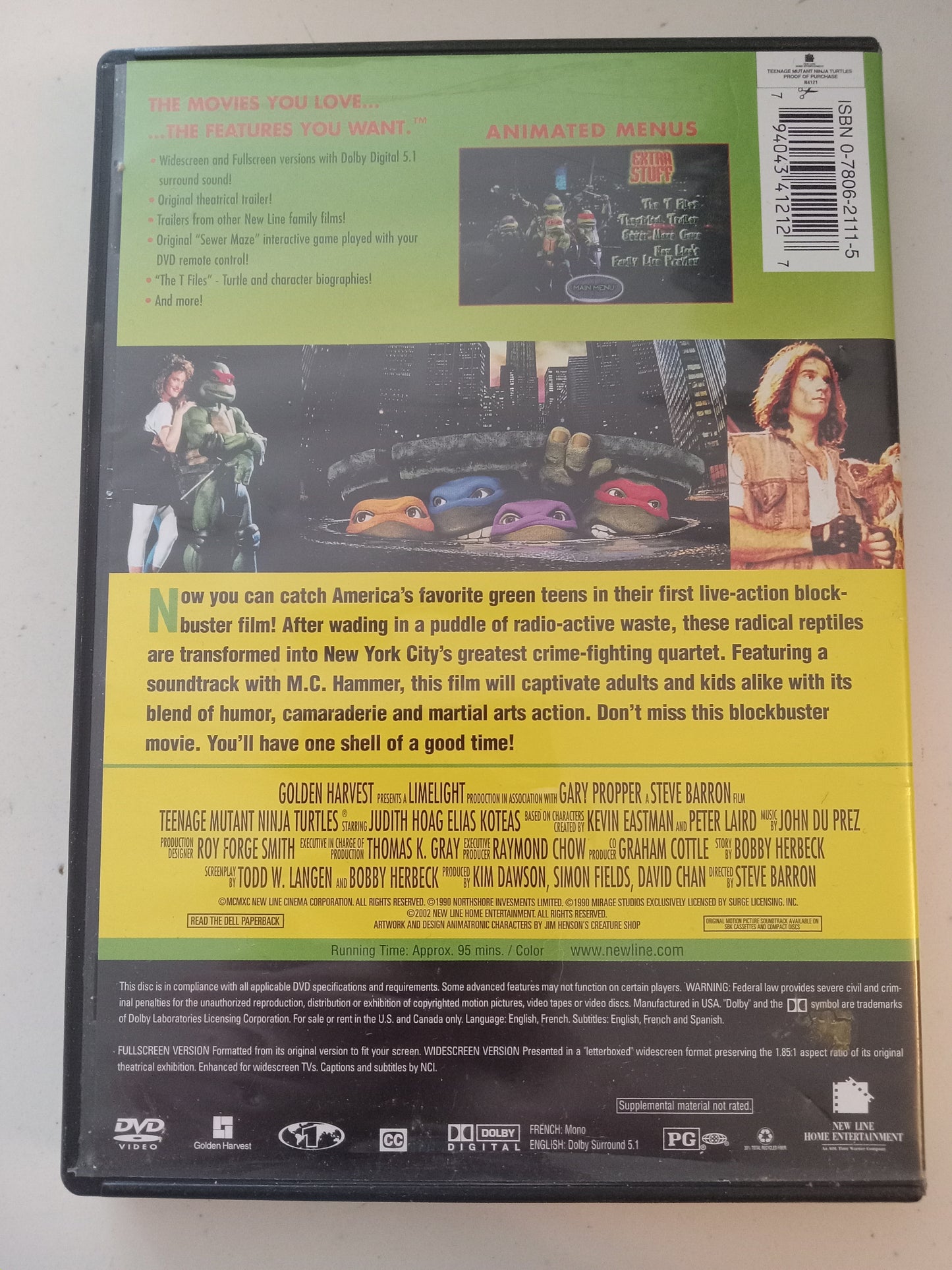 Teenage Mutant Ninja Turtles The Original Movie, 1990 DVD Movie, Widescreen, Rated PG, USED