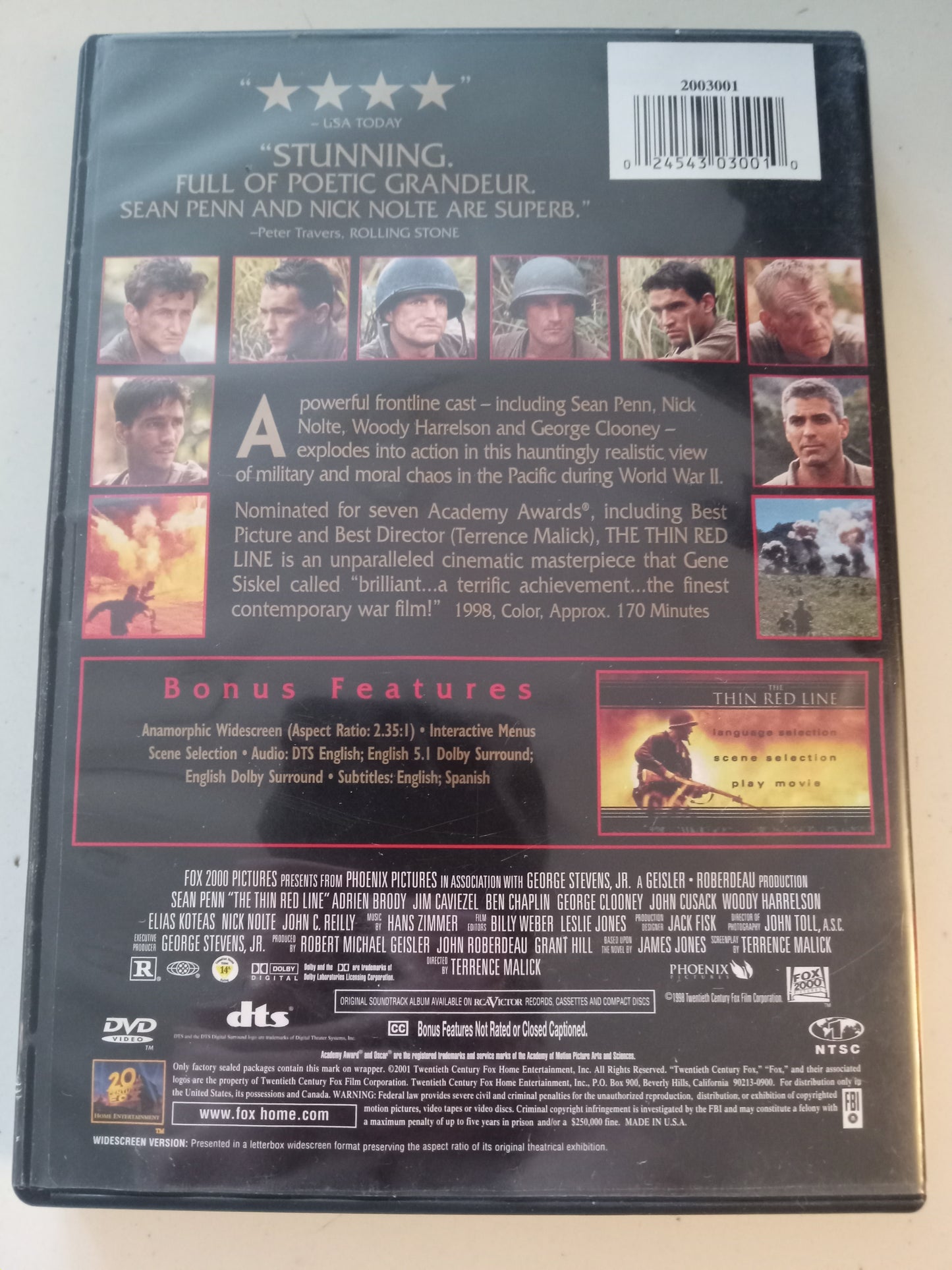 The Thin Red Line, DVD Movie, Sean Penn Widescreen, Rated R, USED