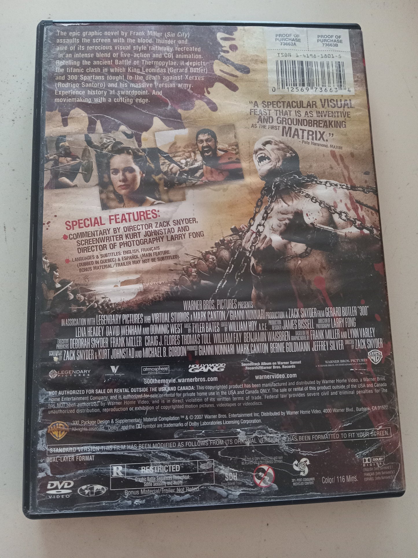 300, DVD Movie, Gerard Butler Fullscreen, Rated R, USED