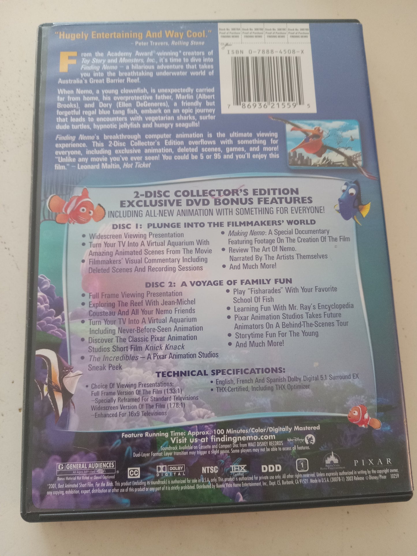 Finding Nemo, Disney Pixar Animation 2 Discs Collector's Ed, DVD Movie, Widescreen/Fullscreen, Rated G, USED