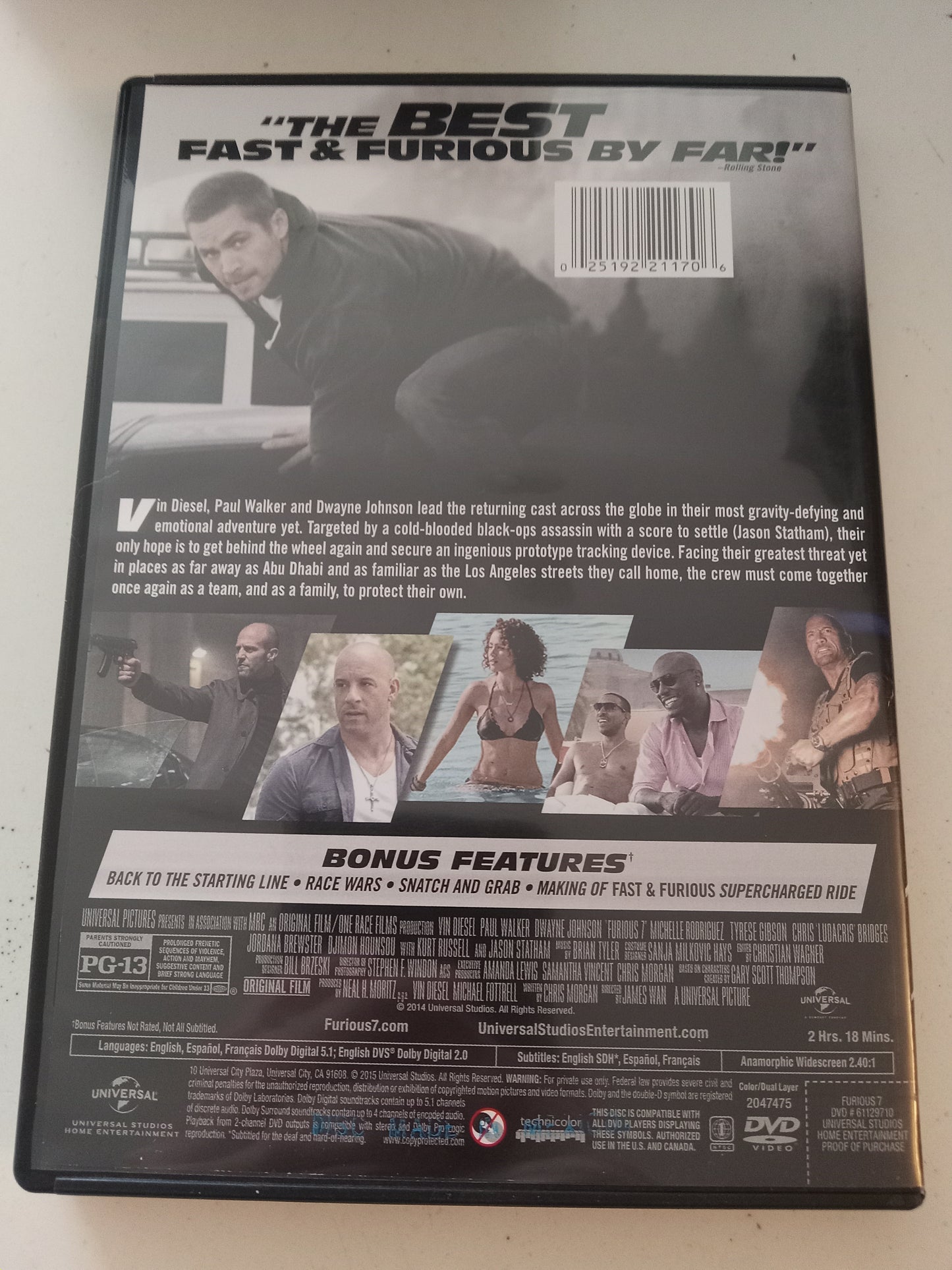 Furious 7, DVD Movie, Vin Diesel Widescreen, Rated PG-13, USED
