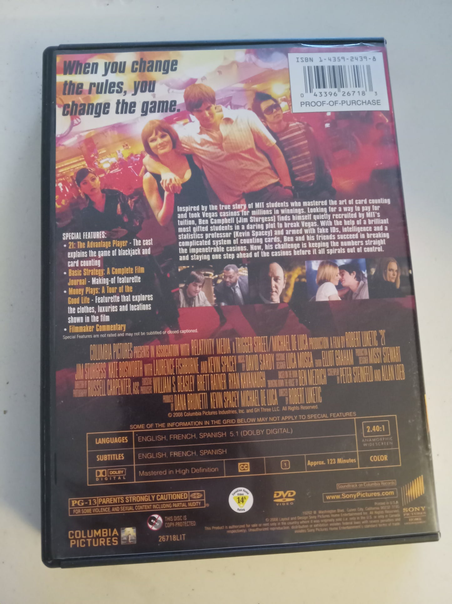 21, DVD Movie, 2 Disc Deluxe Ed. Kevin Spacey Widescreen, Rated PG-13, USED
