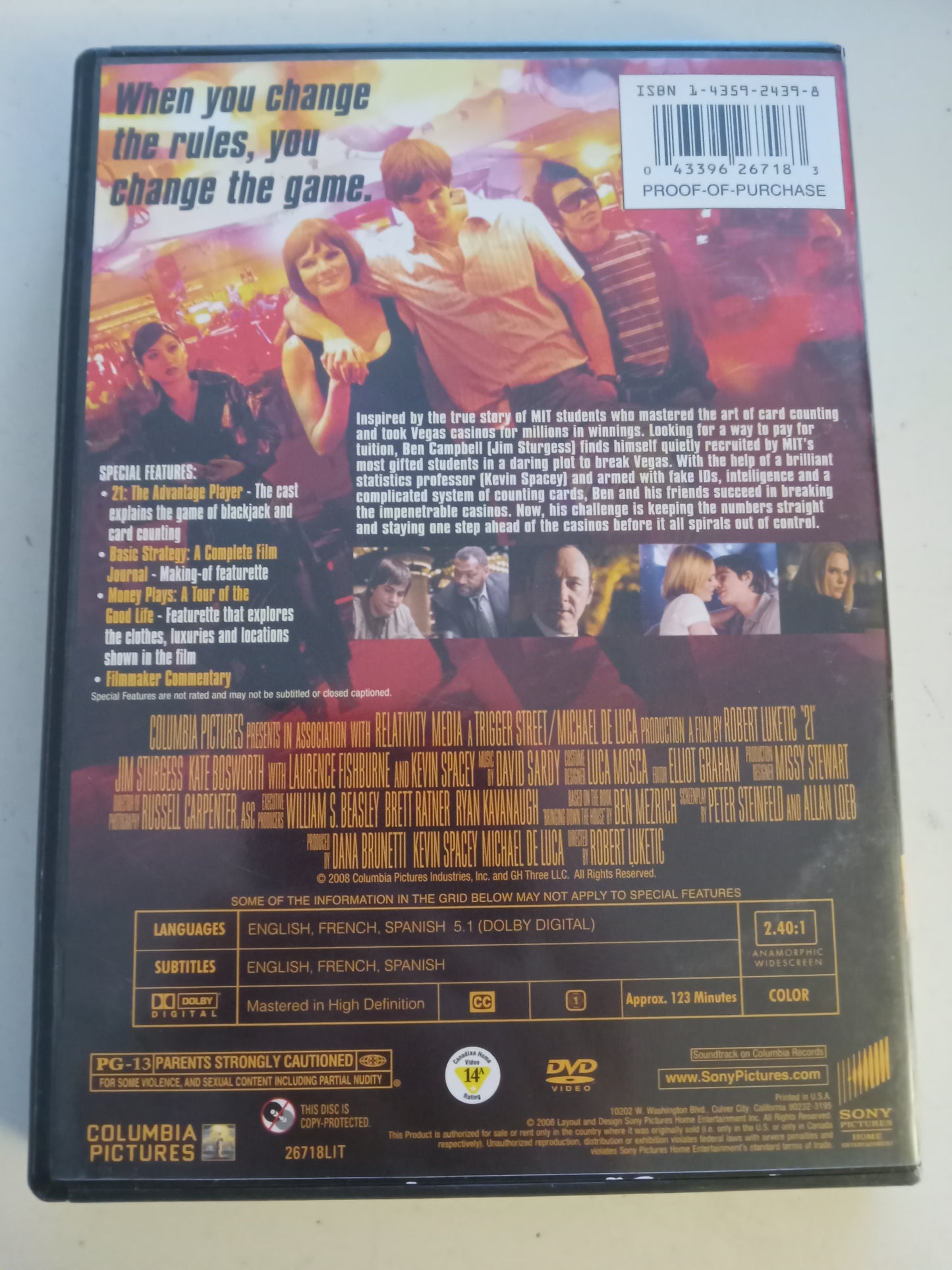 21, DVD Movie, 2 Disc Deluxe Ed. Kevin Spacey Widescreen, Rated PG-13, USED