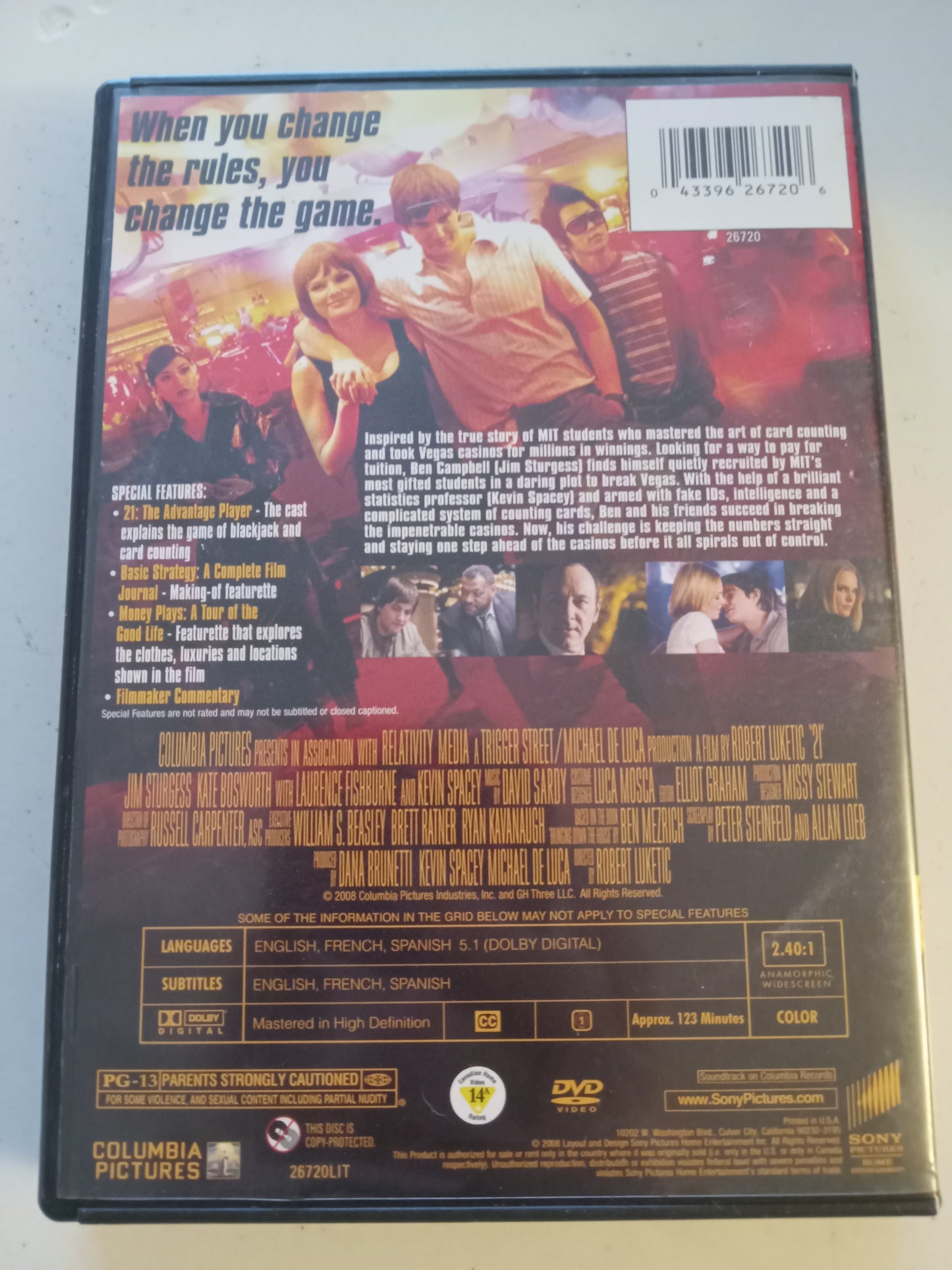 21, DVD Movie, 2 Disc Deluxe Ed. Kevin Spacey Widescreen, Rated PG-13, USED