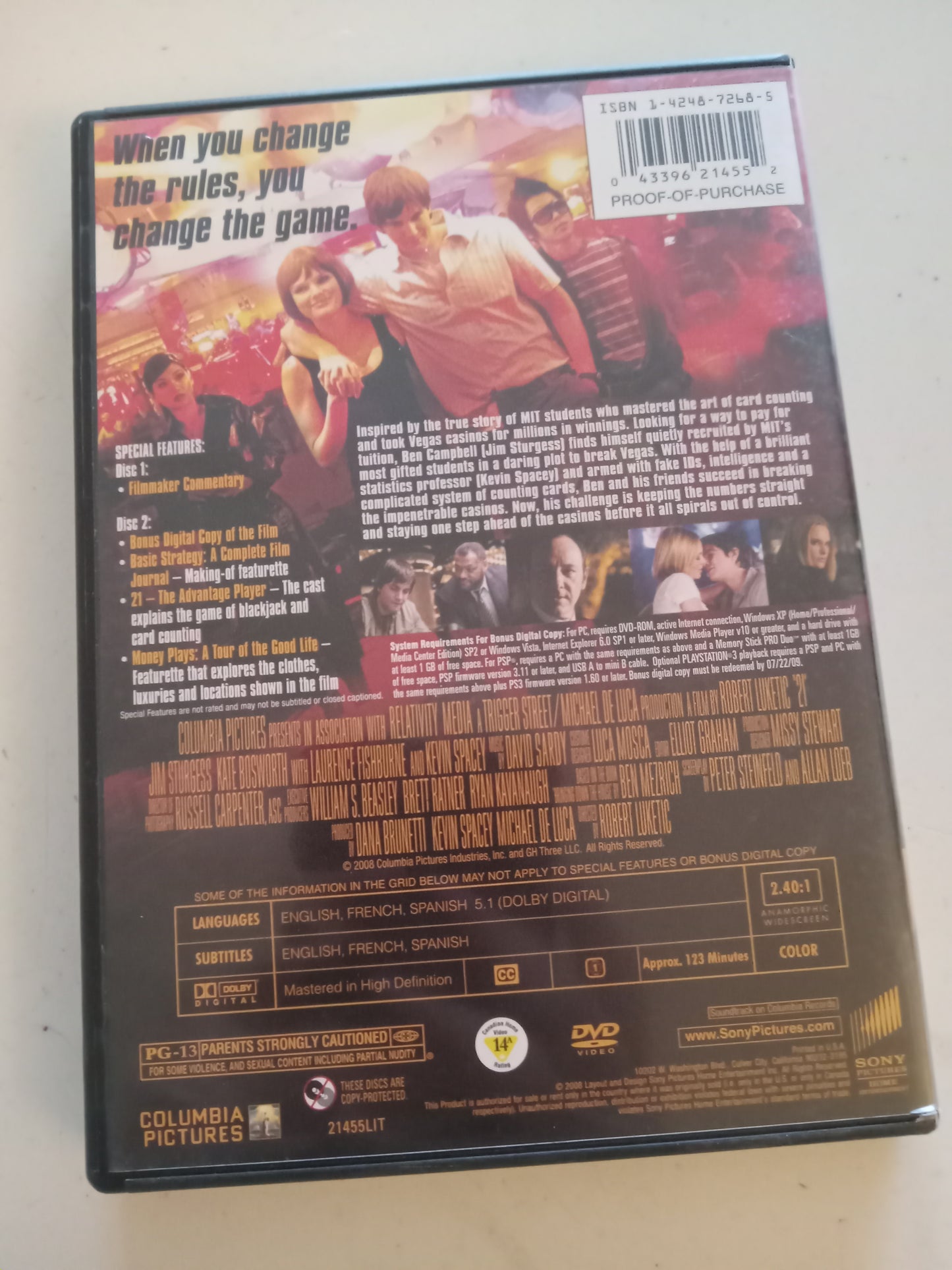 21, DVD Movie, 2 Disc Deluxe Ed. Kevin Spacey Widescreen, Rated PG-13, USED