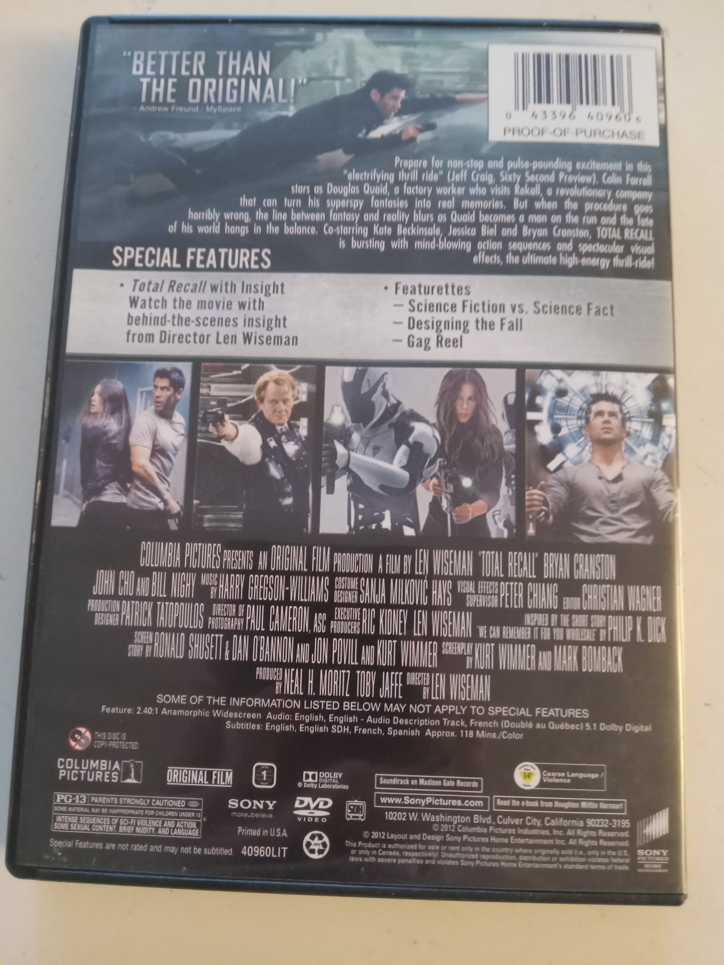 Total Recall Theatrical Edition, DVD Movie, Colin Farrell Widescreen, Rated PG-13, USED