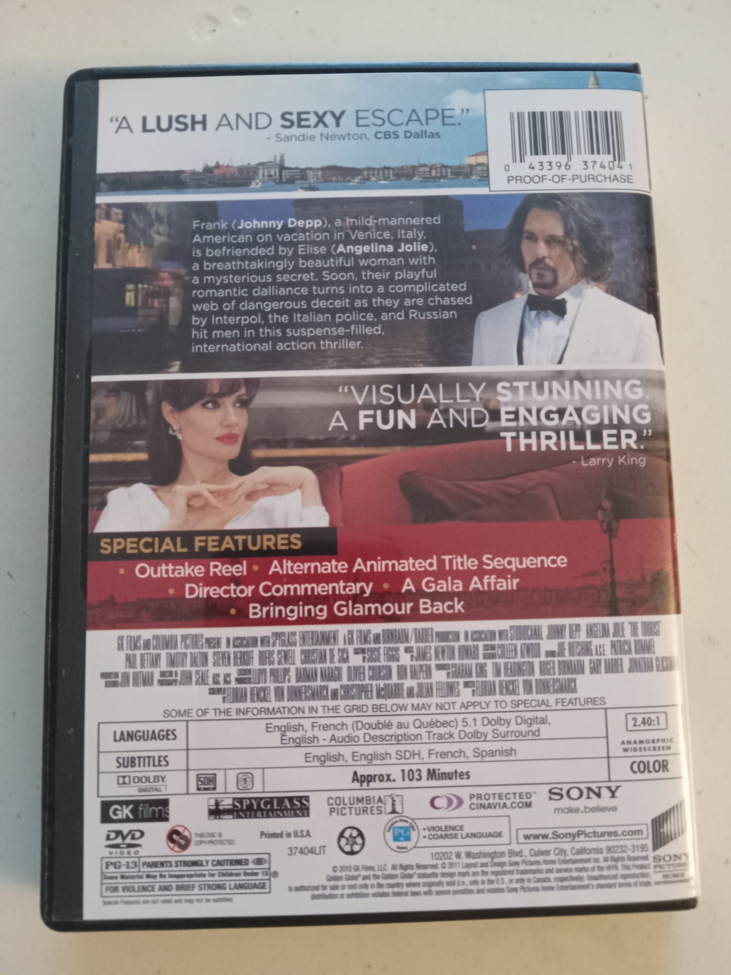 The Tourist, DVD Movie, Angelina Jolie Widescreen, Rated PG-13, USED