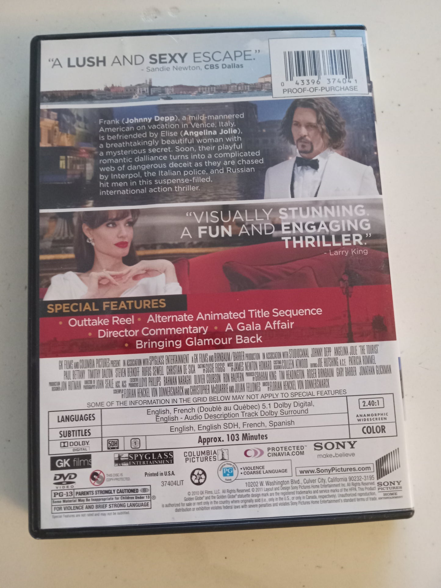 The Tourist, DVD Movie, Angelina Jolie Widescreen, Rated PG-13, USED